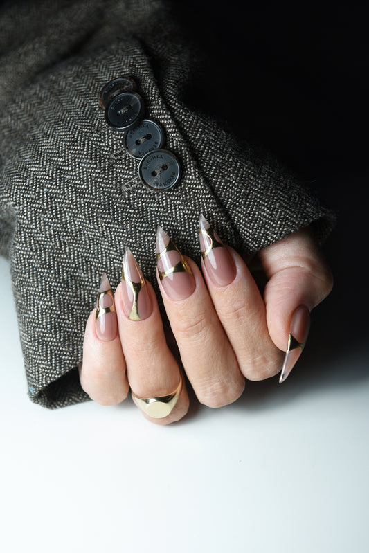 Y2K Gold Nude Press-On Nails | Modern Art Clear Tips | Handmade Reusable Set