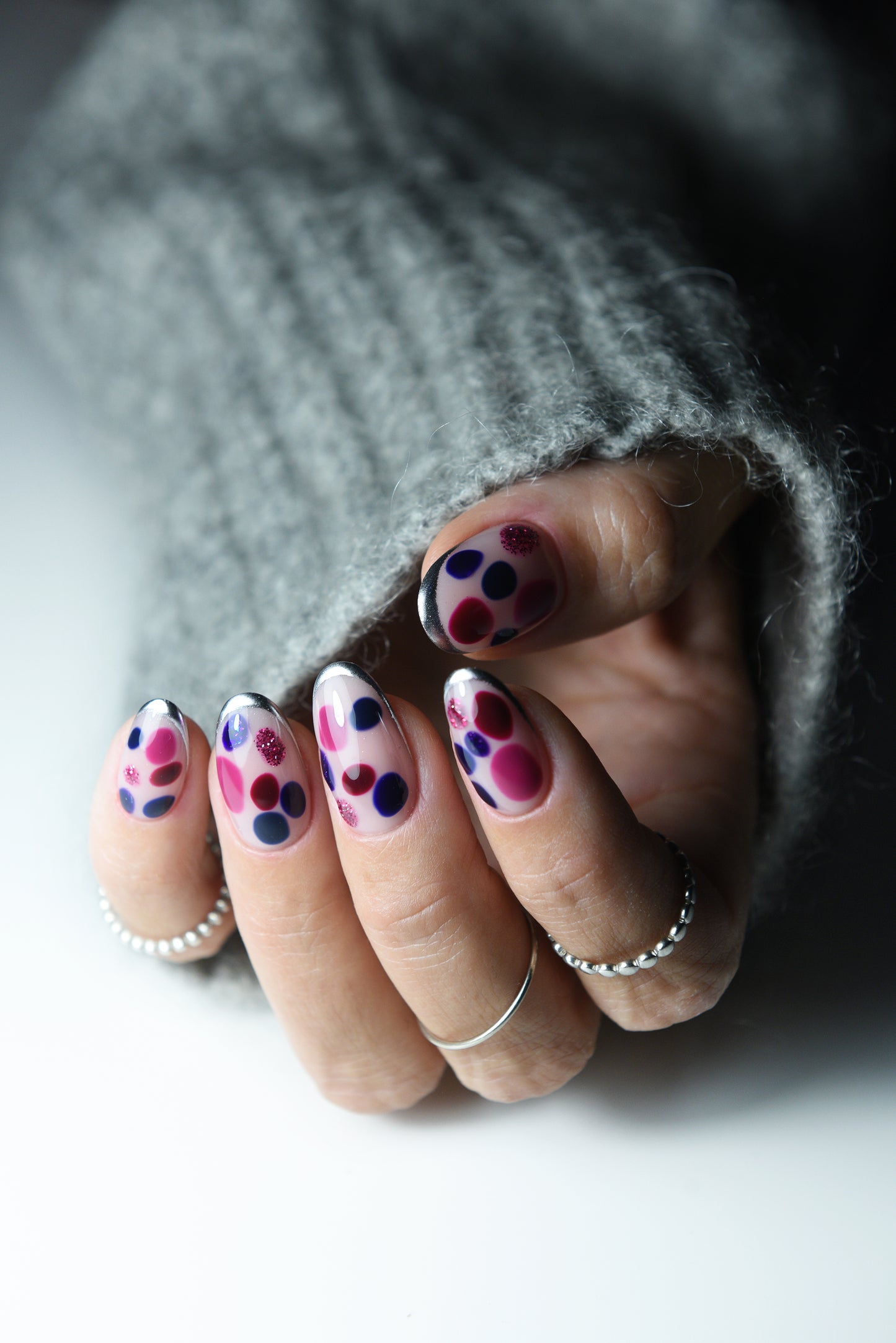 Colorful Polka Dot French Press-On Nails | Nude Base with Glitter & Metallic Tips | Handmade Reusable Set