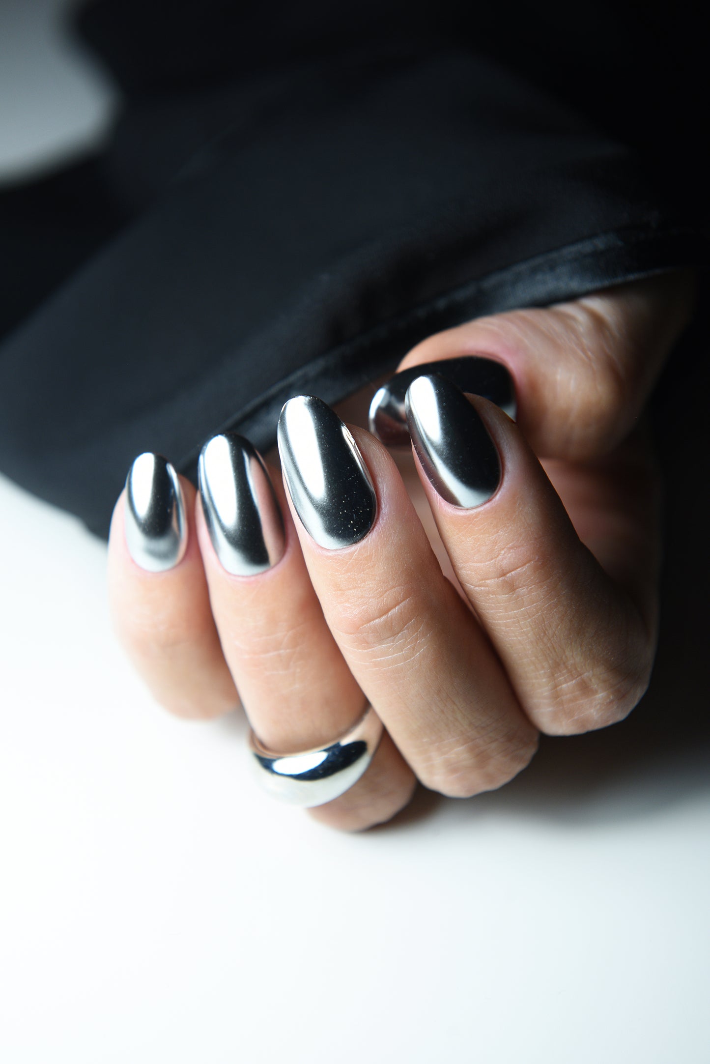 Silver Chrome Press-On Nails | Metallic Mirror Effect Fake Nails | Handmade Reusable Set