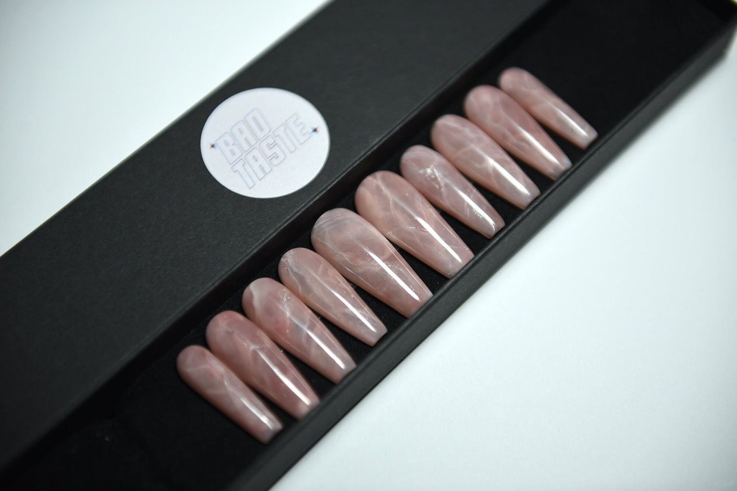 Rose Quartz Press-On Nails – Glossy, Handmade & Reusable