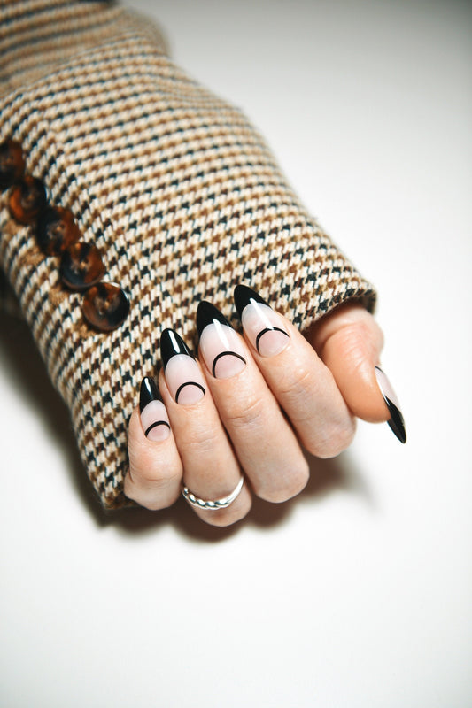 BLACK FRENCH with line – Luxury Handmade Reusable Press On Nails