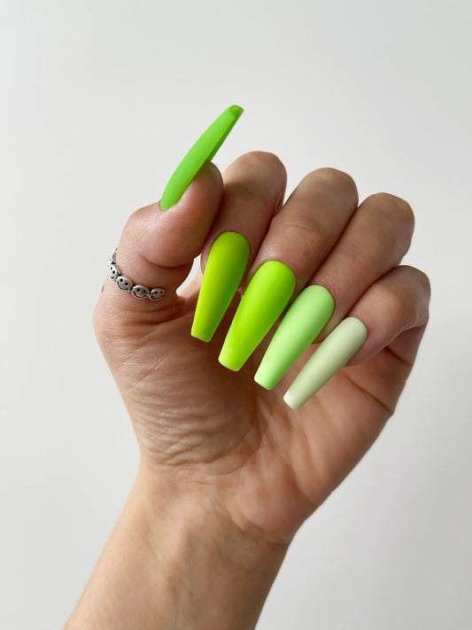 TOXIC GREEN jade gradient| Handpainted press on nails | fake nails | Stiletto Oval Almond Square Coffin Balerina | Acrylic Long Medium Short