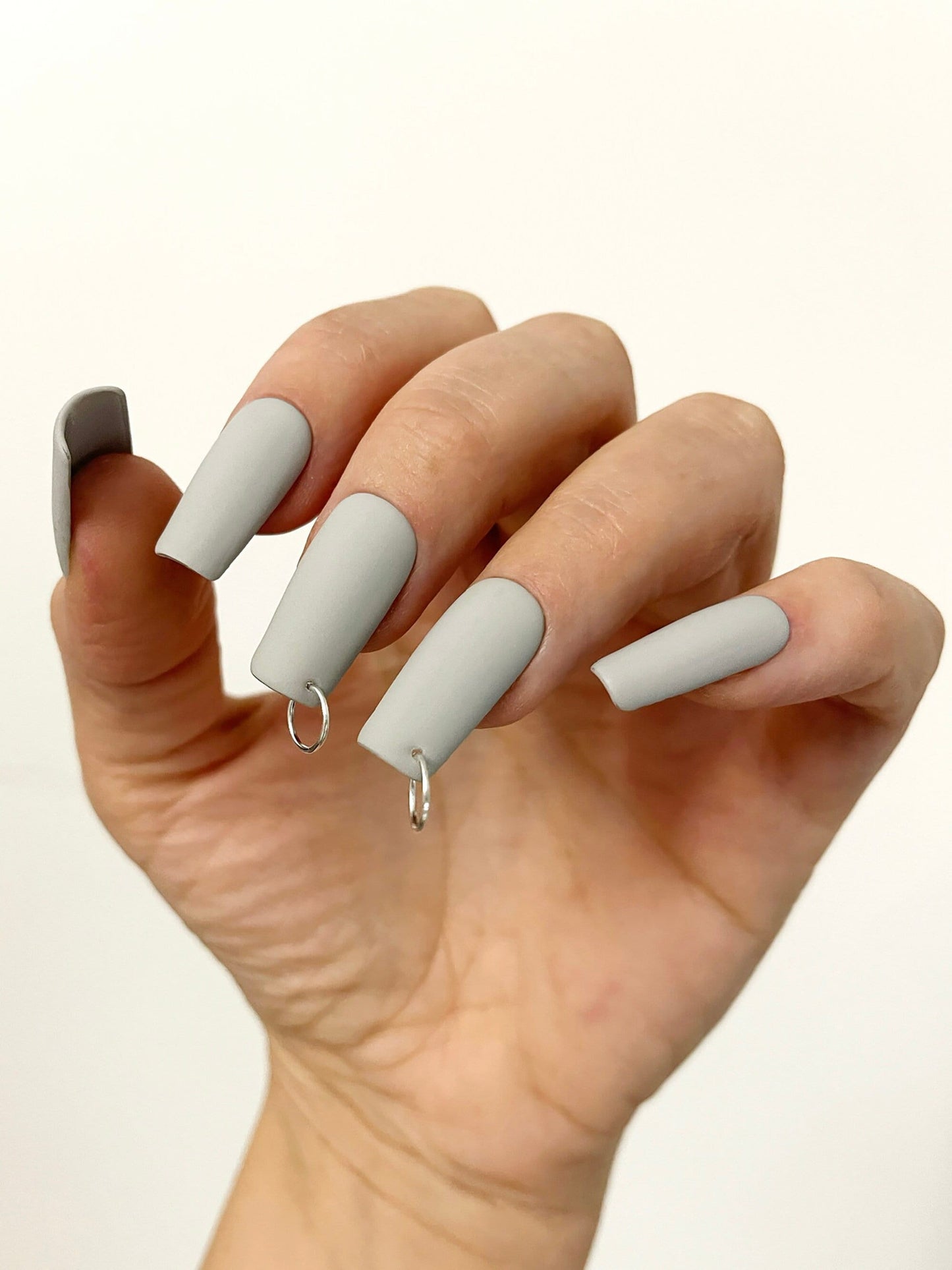 PIERCED RINGO GREY | Matte | Reusable press on nails | Stiletto Oval Almond Square Coffin Balerina | Long Medium Short | Pressons | Custom