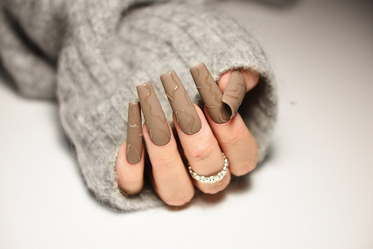 Warm Brown Clear Swirls Press-On Nails | Luxury Handmade Reusable Set | Custom Shape & Length | Trendy Fall Nail Art