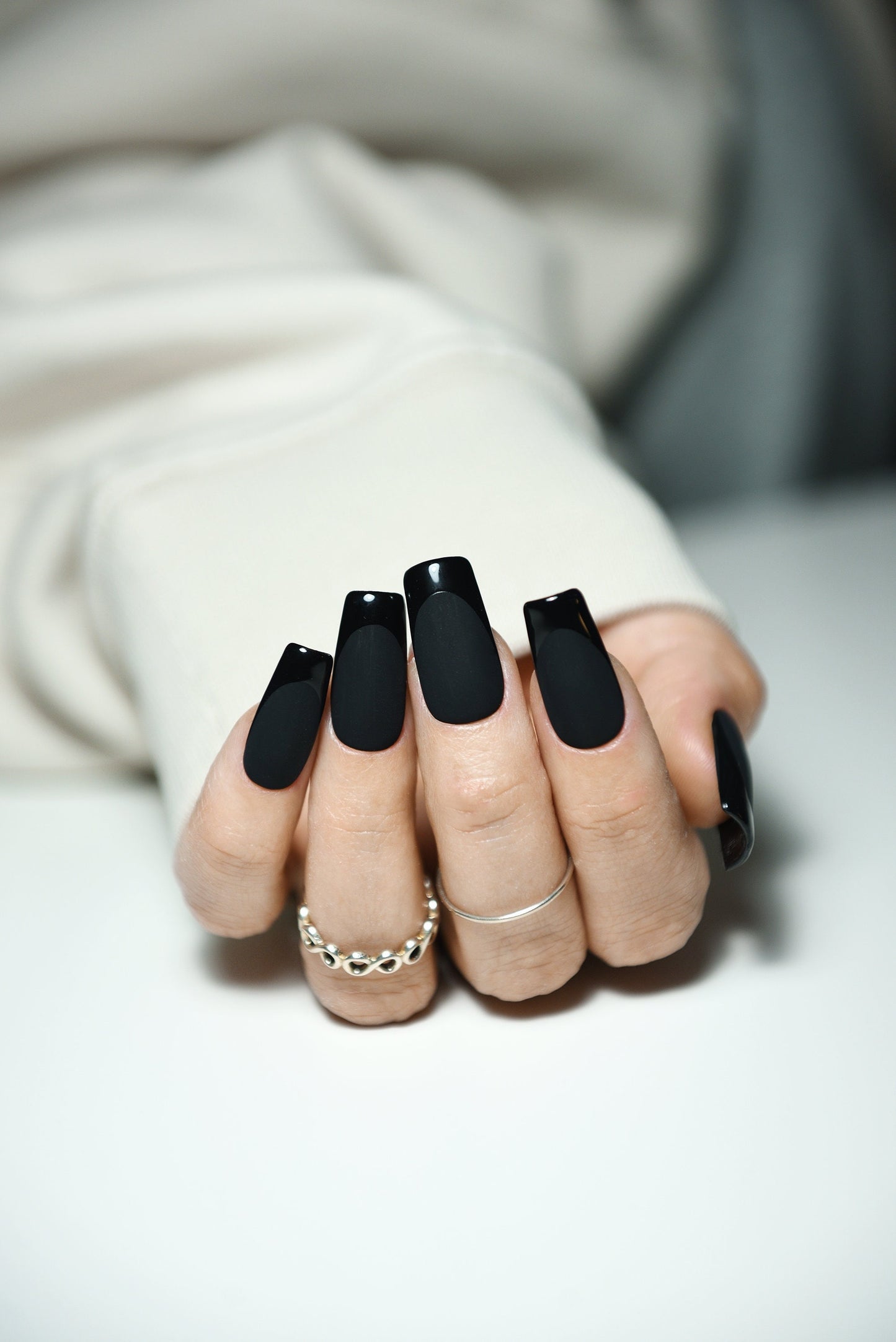 ELEGANT BLACK NAILS | Glossy and Matte French | Handpainted press on nails | Stiletto Oval Almond Square Coffin Balerina | Long Medium Short