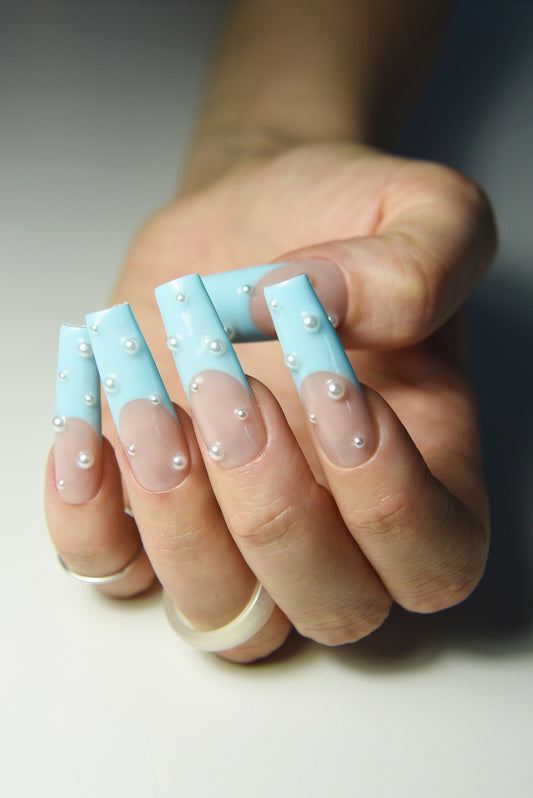 PASTEL FRENCH with PEARLS – Luxury Handmade Reusable Press On Nails