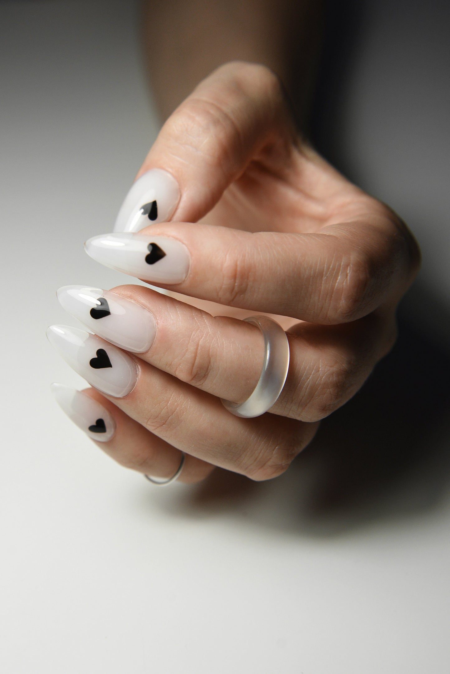 I Love Milky Press-On Nails – Handmade Milky White with Black Hearts