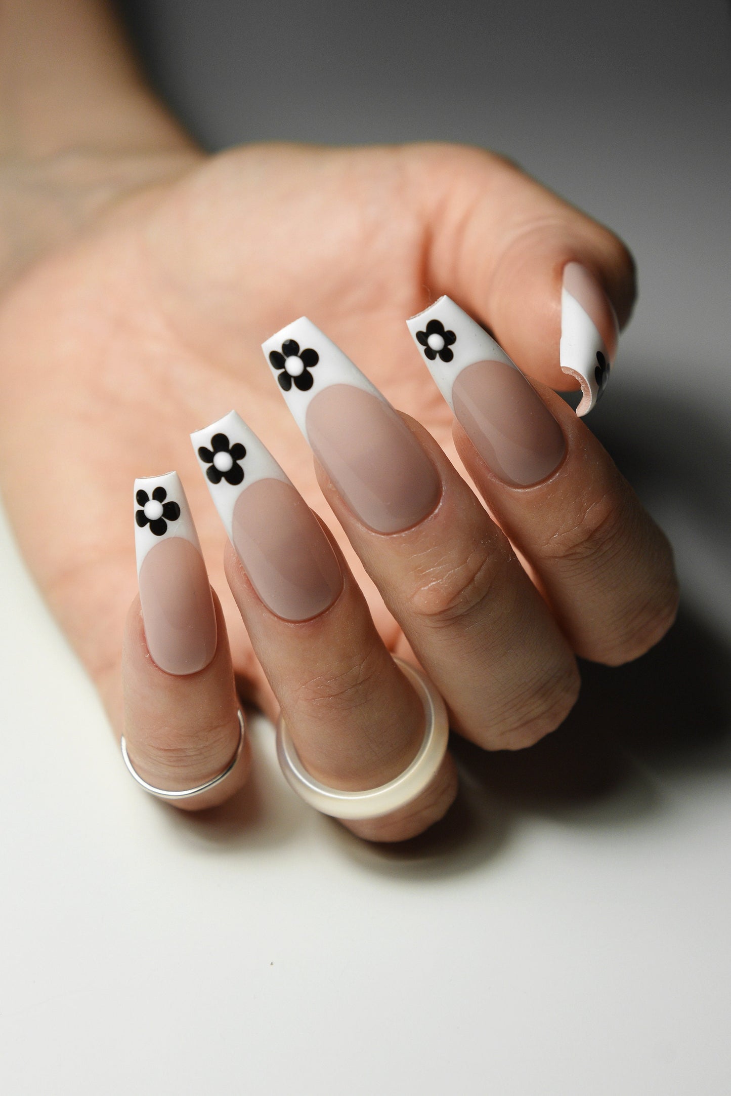 FRENCH WITH FLOWER – Luxury Handmade Reusable Press On Nails