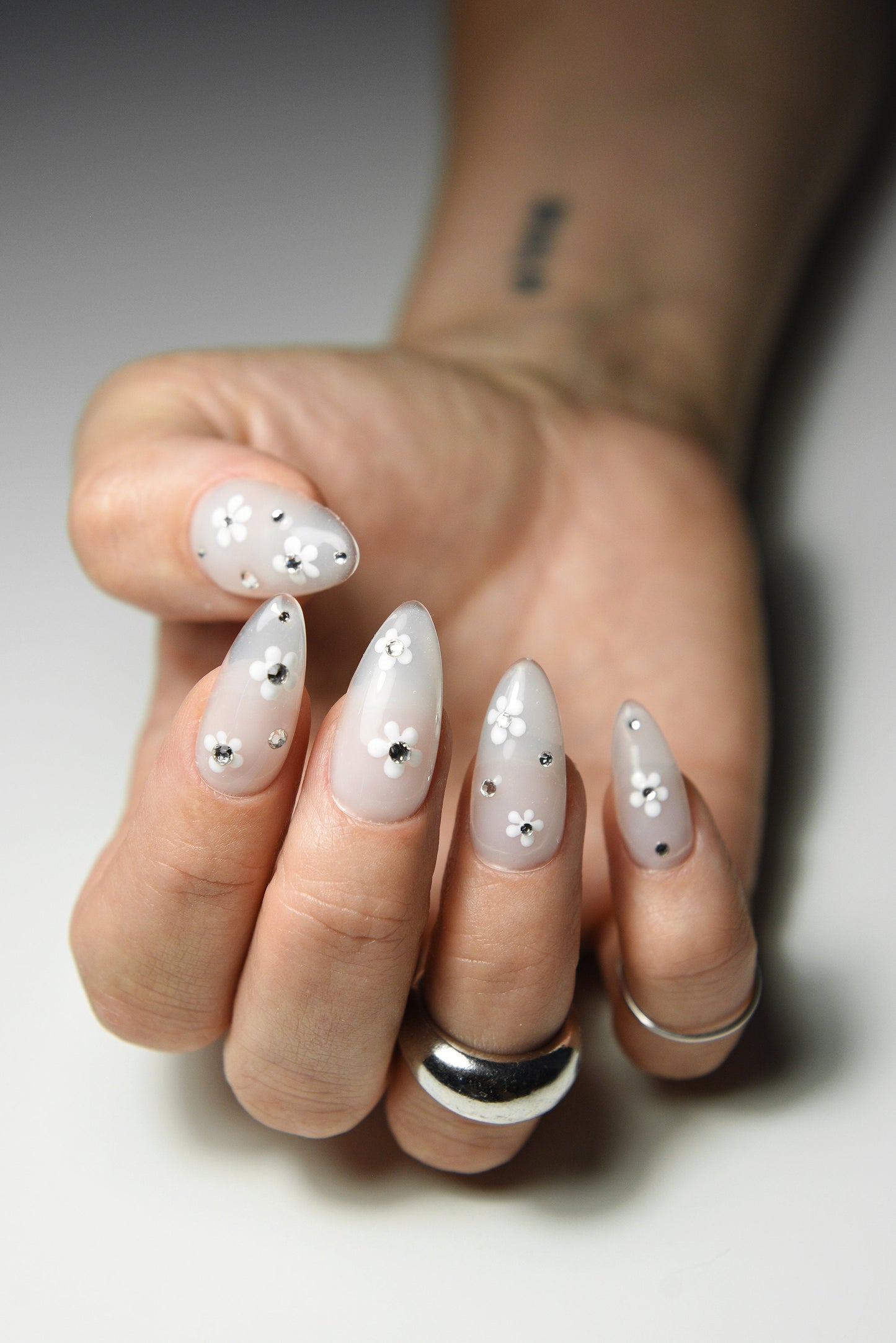 MILKY FLOWERS and RHINESTONES | Black Hearts | Handmade press on nails | Stiletto Oval Almond Square Coffin Balerina | Long Medium Short