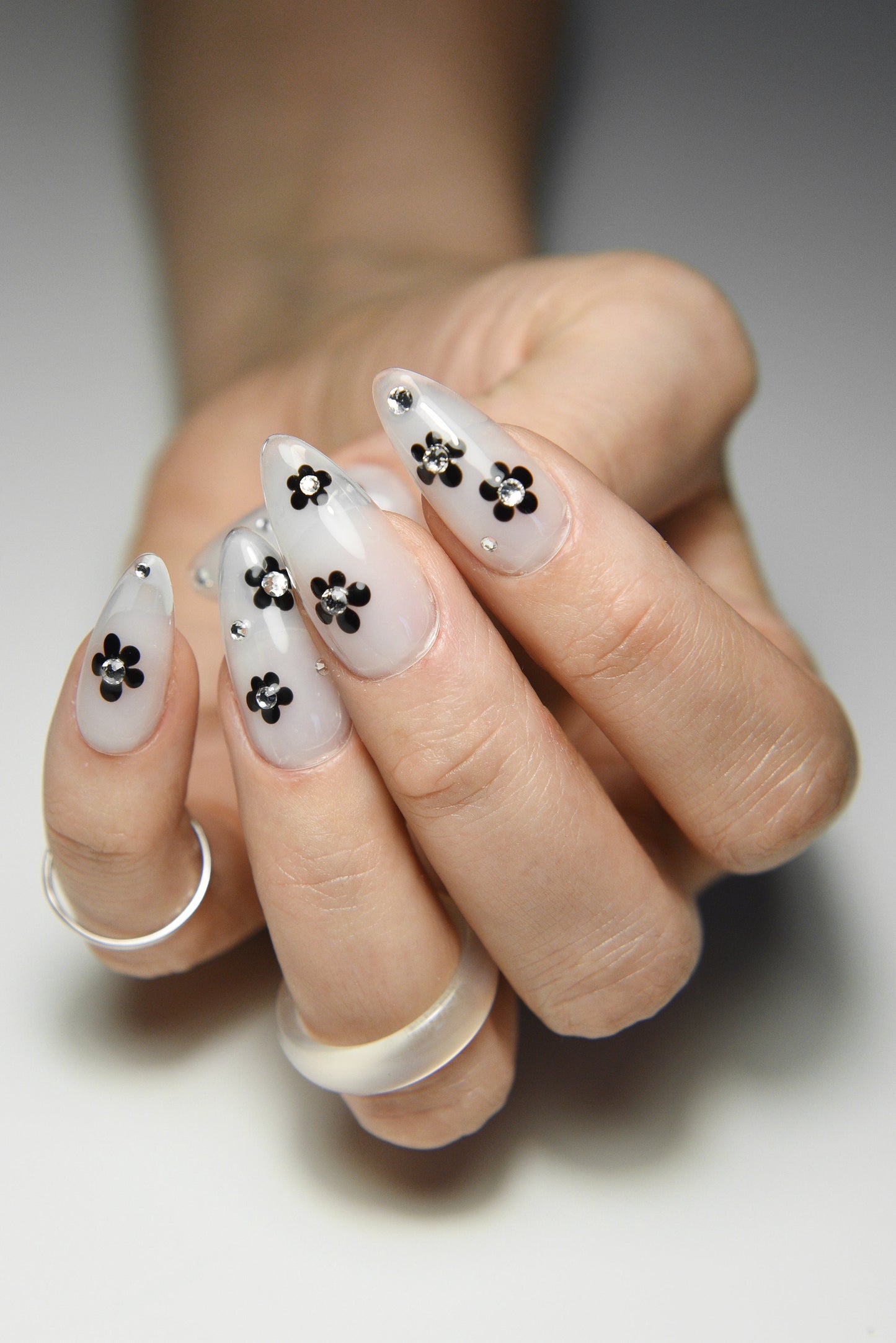 MILKY FLOWERS and RHINESTONES | Black Hearts | Handmade press on nails | Stiletto Oval Almond Square Coffin Balerina | Long Medium Short