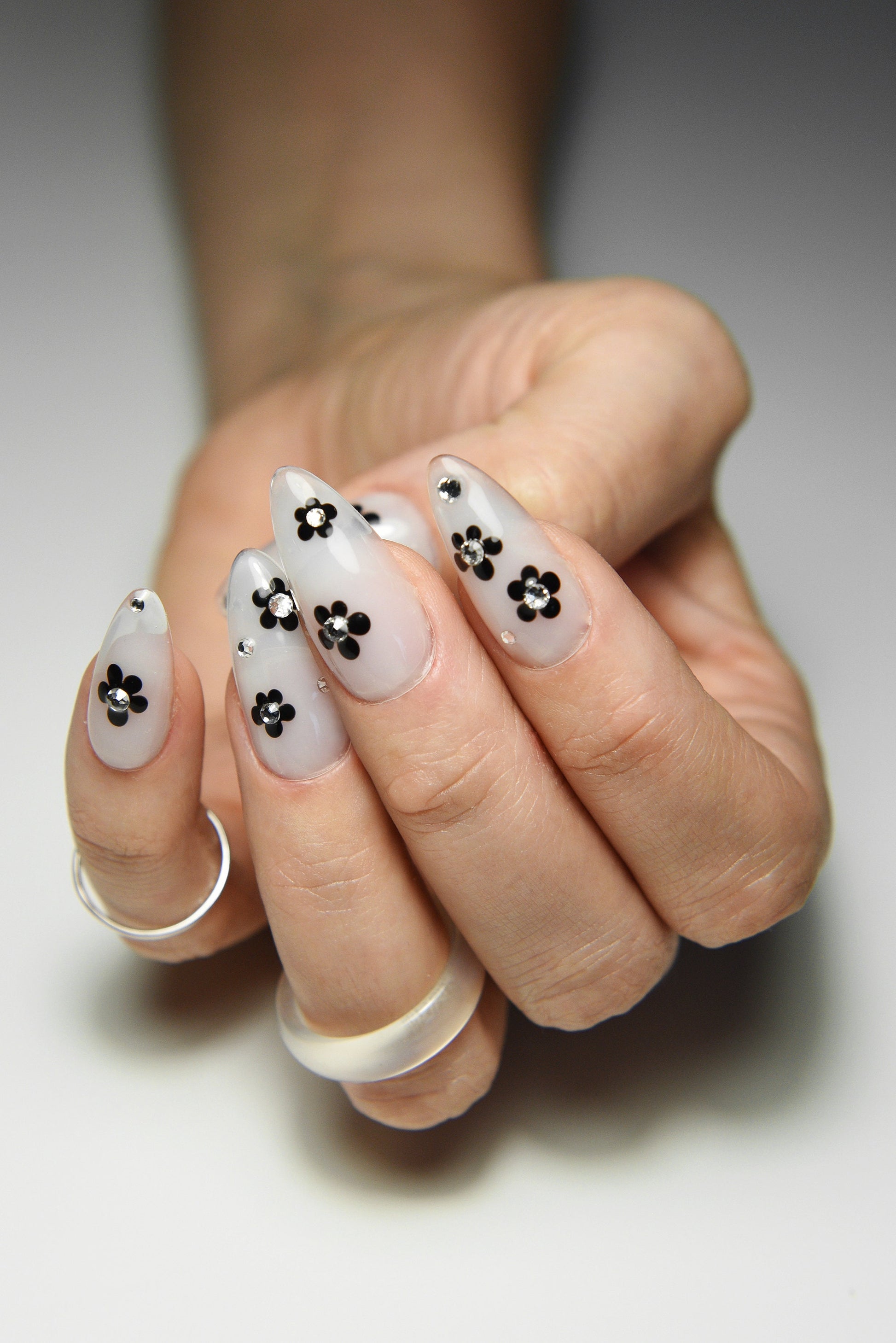 MILKY FLOWERS and RHINESTONES | Black Hearts | Handmade press on nails | Stiletto Oval Almond Square Coffin Balerina | Long Medium Short