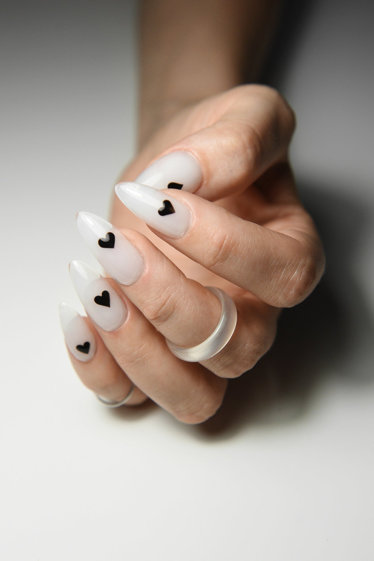 I Love Milky Press-On Nails – Handmade Milky White with Black Hearts