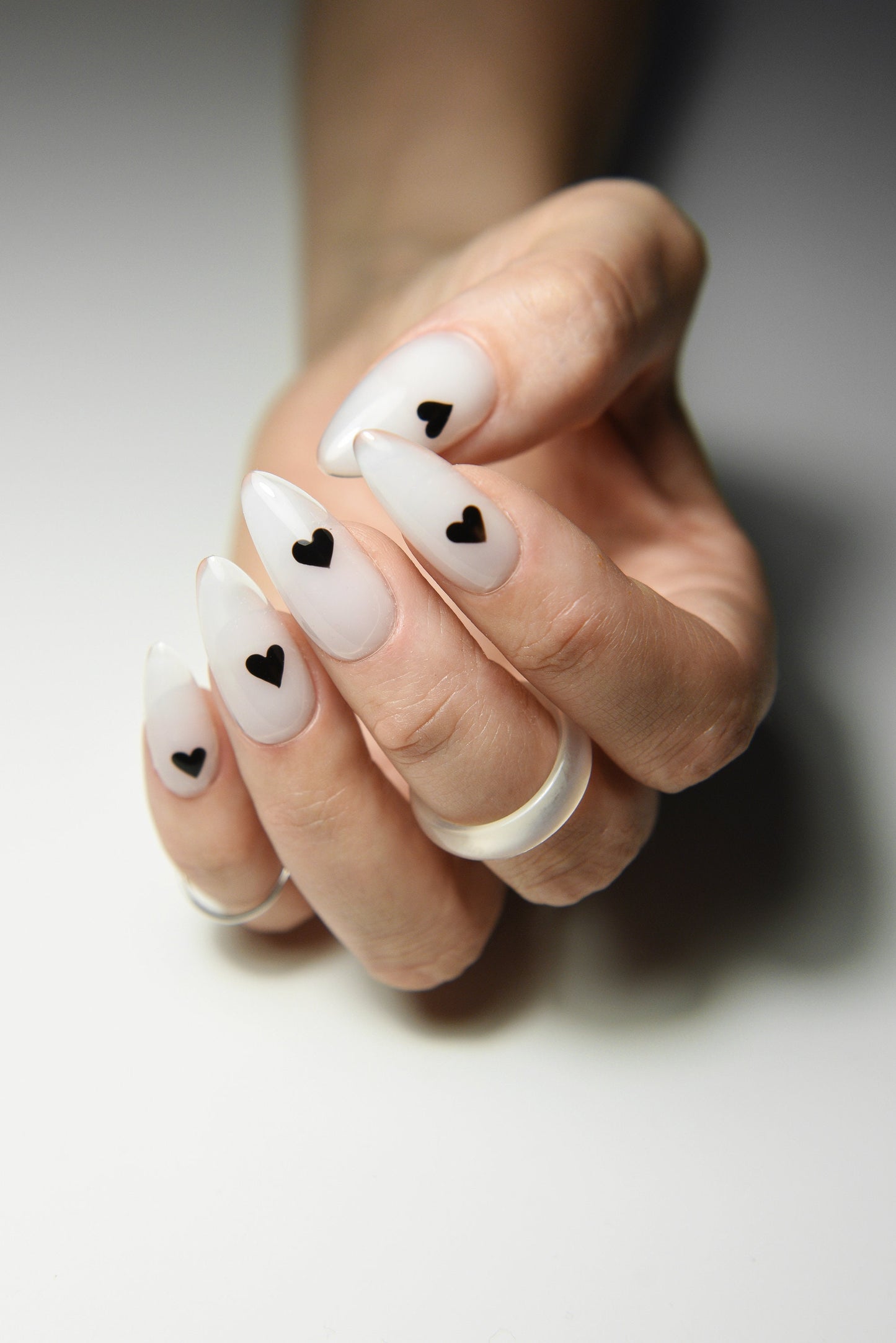 I Love Milky Press-On Nails – Handmade Milky White with Black Hearts