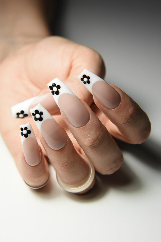 FRENCH WITH FLOWER – Luxury Handmade Reusable Press On Nails