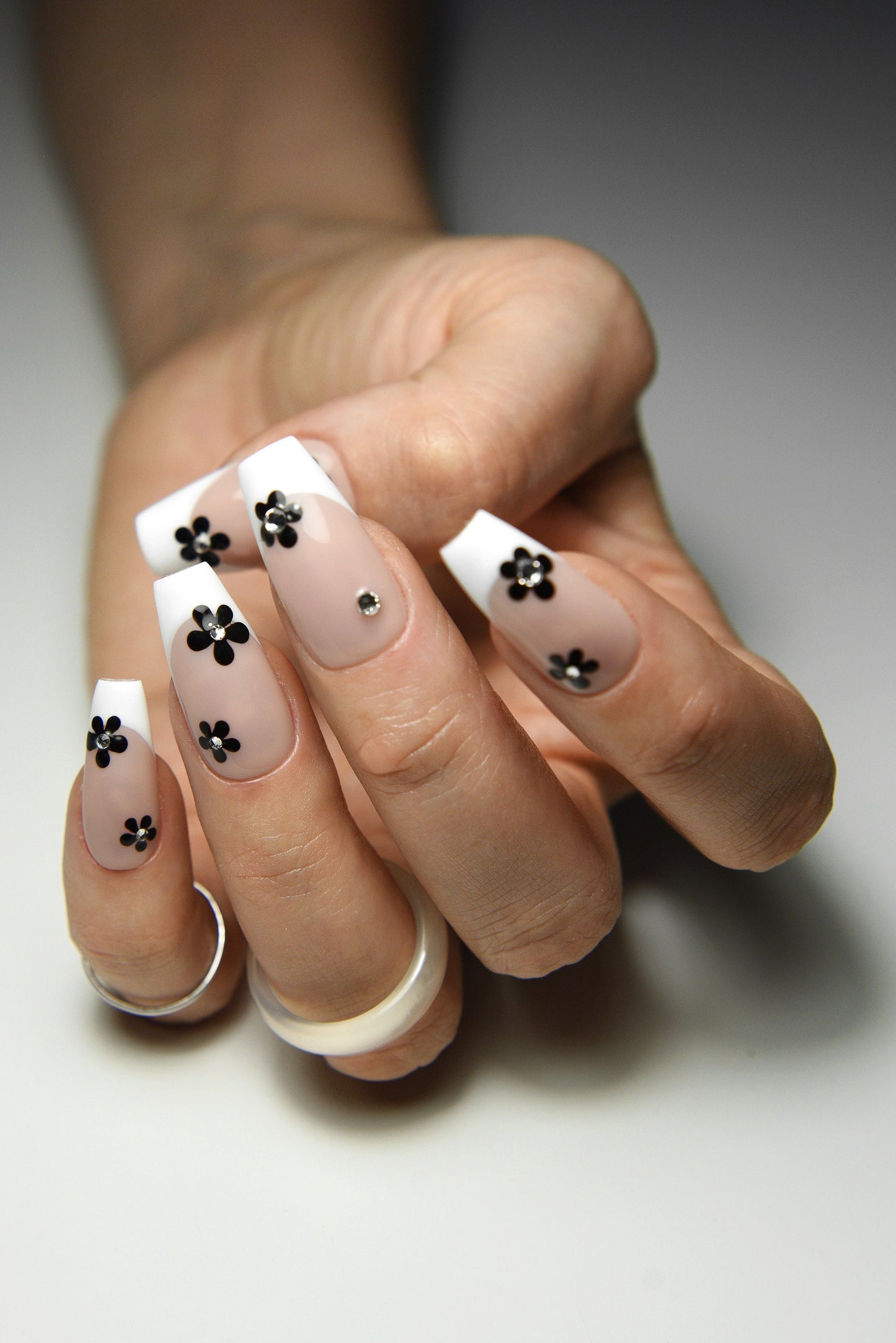 FLOWER FRENCH with RHINESTONES – Luxury Handmade Reusable Press On Nails