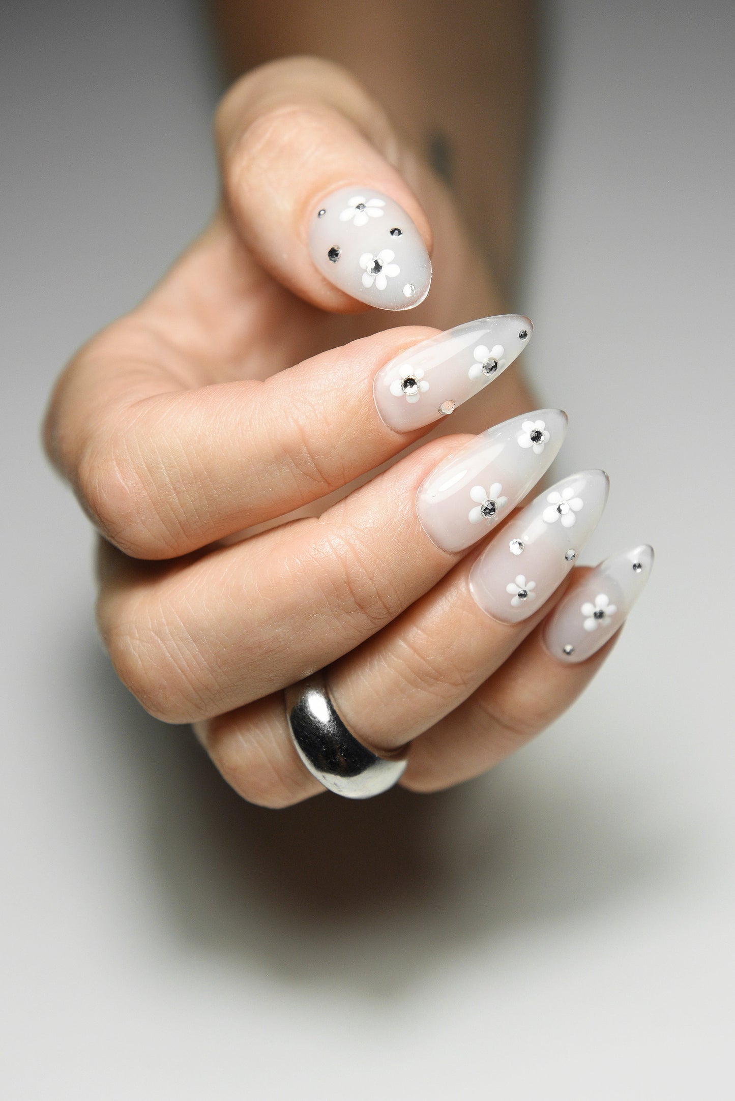 MILKY FLOWERS and RHINESTONES | Black Hearts | Handmade press on nails | Stiletto Oval Almond Square Coffin Balerina | Long Medium Short