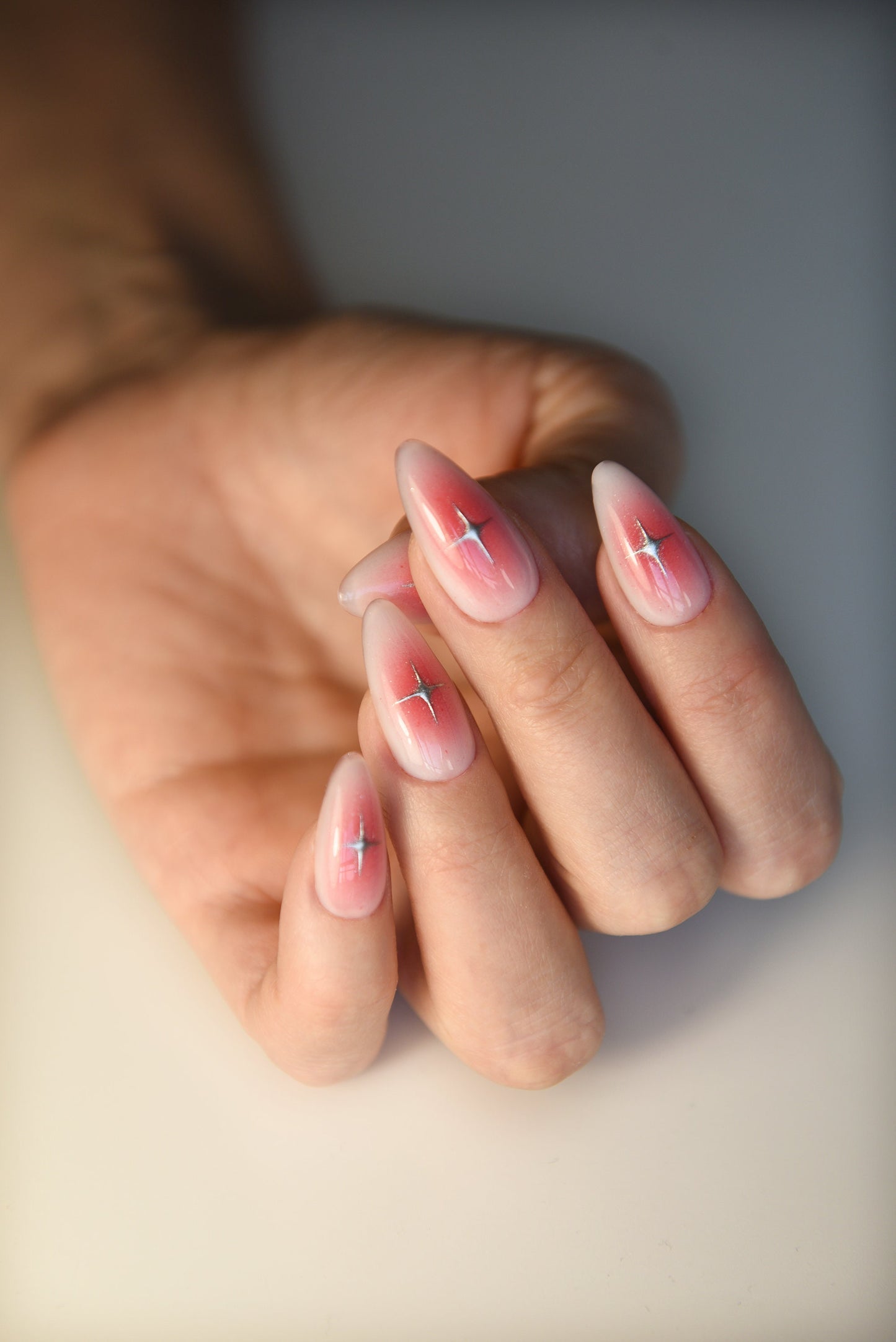 Aura Milky Blush Press-On Nails with Silver Stars – Handmade Luxury Reusable Set, Salon-Quality Gel Finish