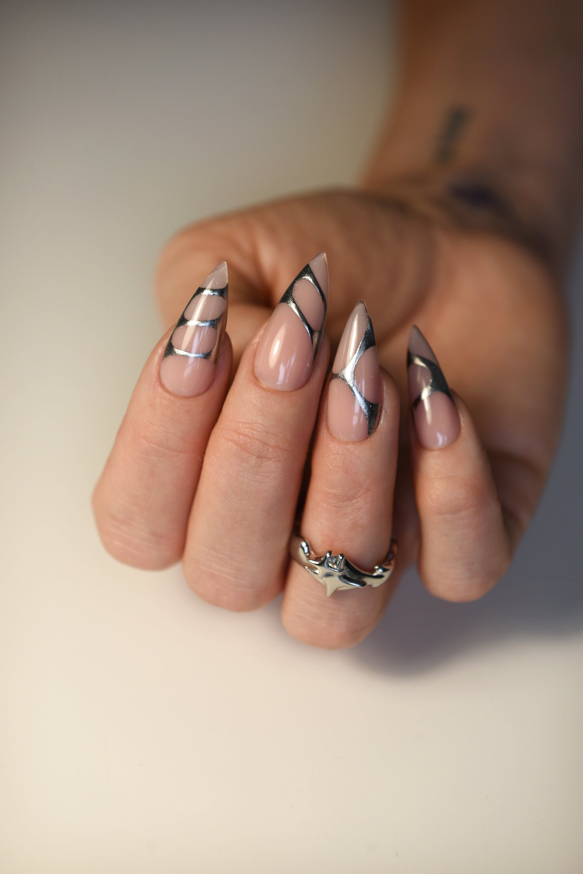 Y2K Silver Abstract Chrome | Nude | Glossy | Handpainted press on nails | Stiletto Oval Almond Square Coffin Balerina | Long Medium Short