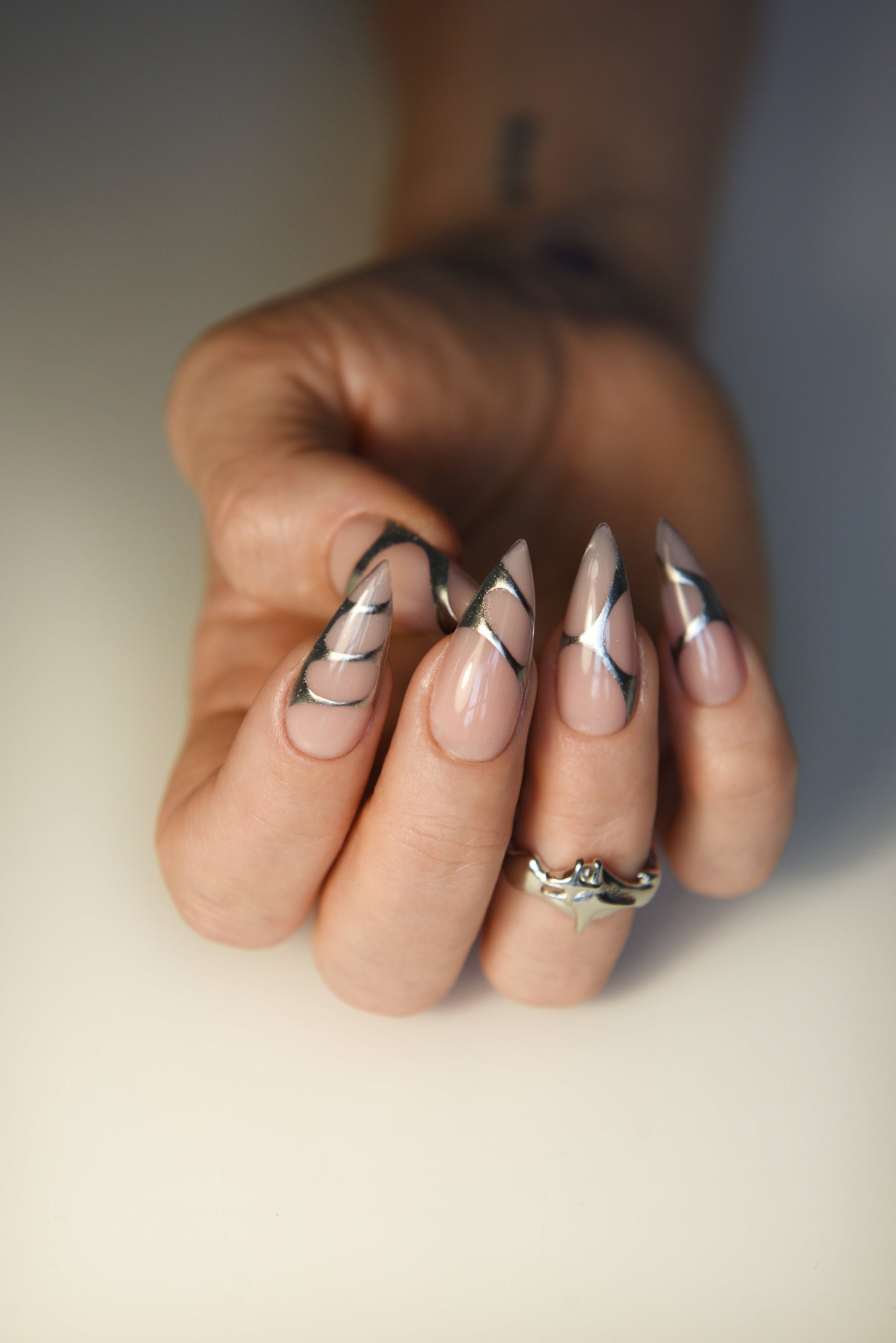 Y2K Silver Abstract Chrome | Nude | Glossy | Handpainted press on nails | Stiletto Oval Almond Square Coffin Balerina | Long Medium Short