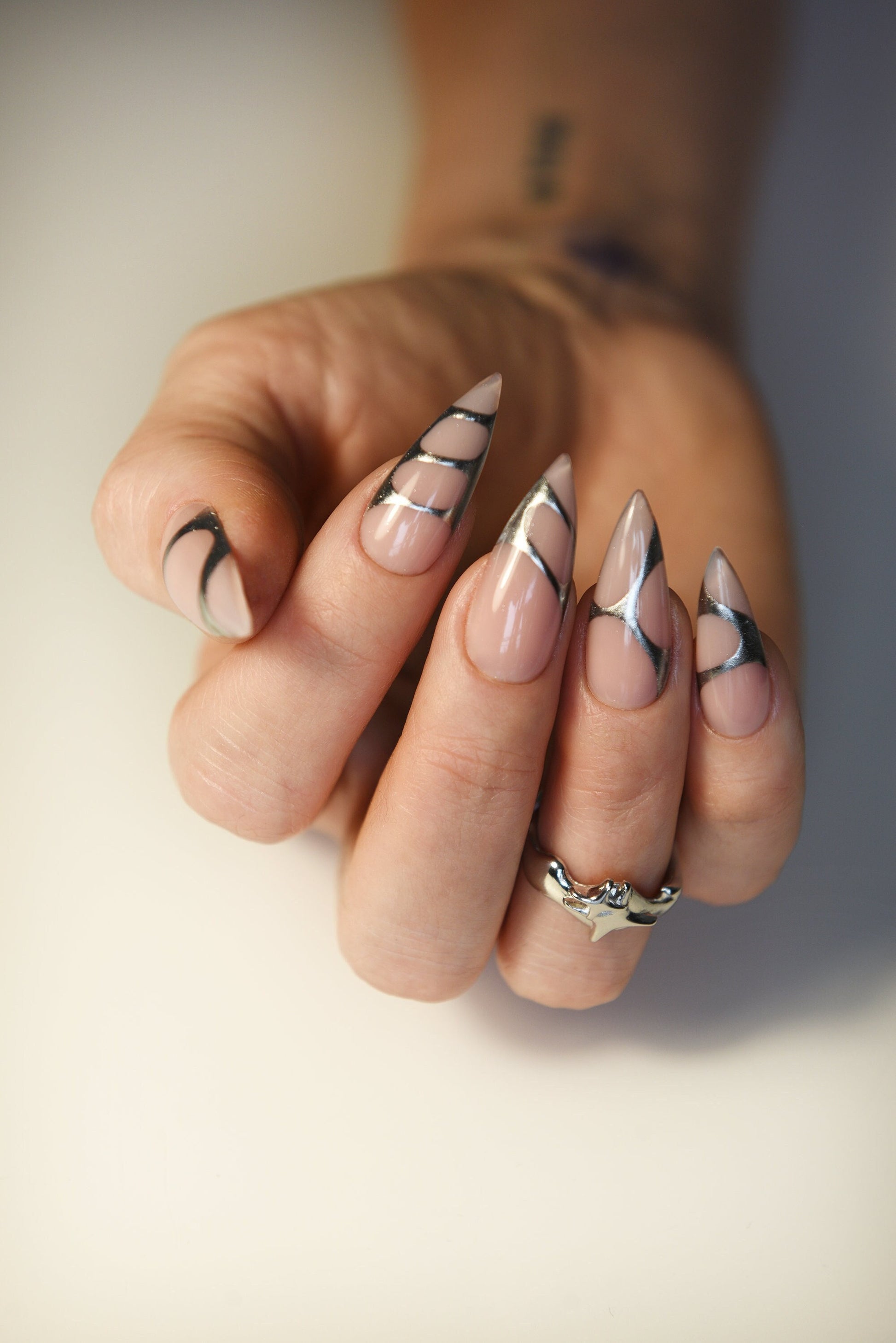 Y2K Silver Abstract Chrome | Nude | Glossy | Handpainted press on nails | Stiletto Oval Almond Square Coffin Balerina | Long Medium Short