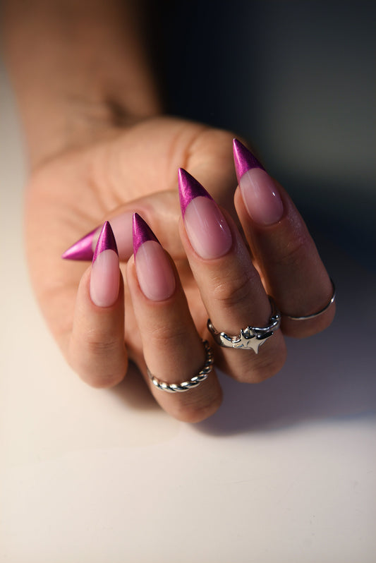 Pink Chrome French Tip Press On Nails - Y2K-Inspired Custom Acrylic Nail Sets, Luxury Acrylic Like, Stiletto, Coffin, Square Long Short – Luxury Handmade Reusable Press On Nails