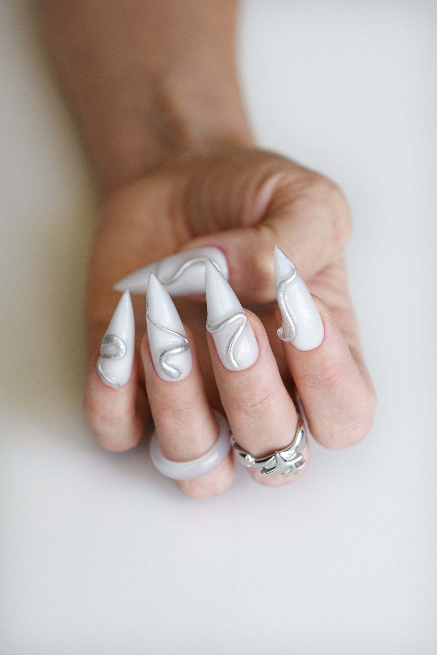 Y2K Milky White 3D Swirls Press-On Nails | Custom Handmade Reusable Nail Art | Long-Lasting Gel & Acrylic | Women’s Fashion Set