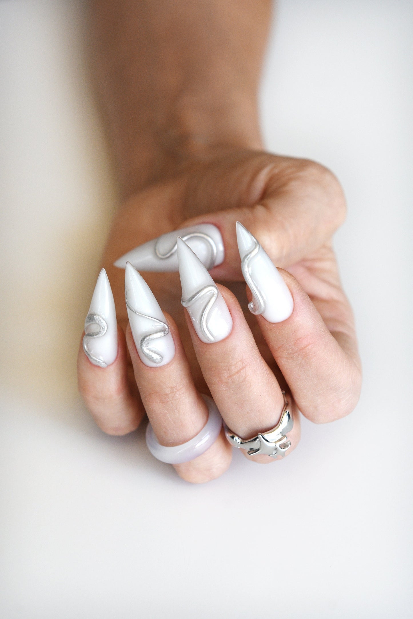 Y2K Milky White 3D Swirls Press-On Nails | Custom Handmade Reusable Nail Art | Long-Lasting Gel & Acrylic | Women’s Fashion Set