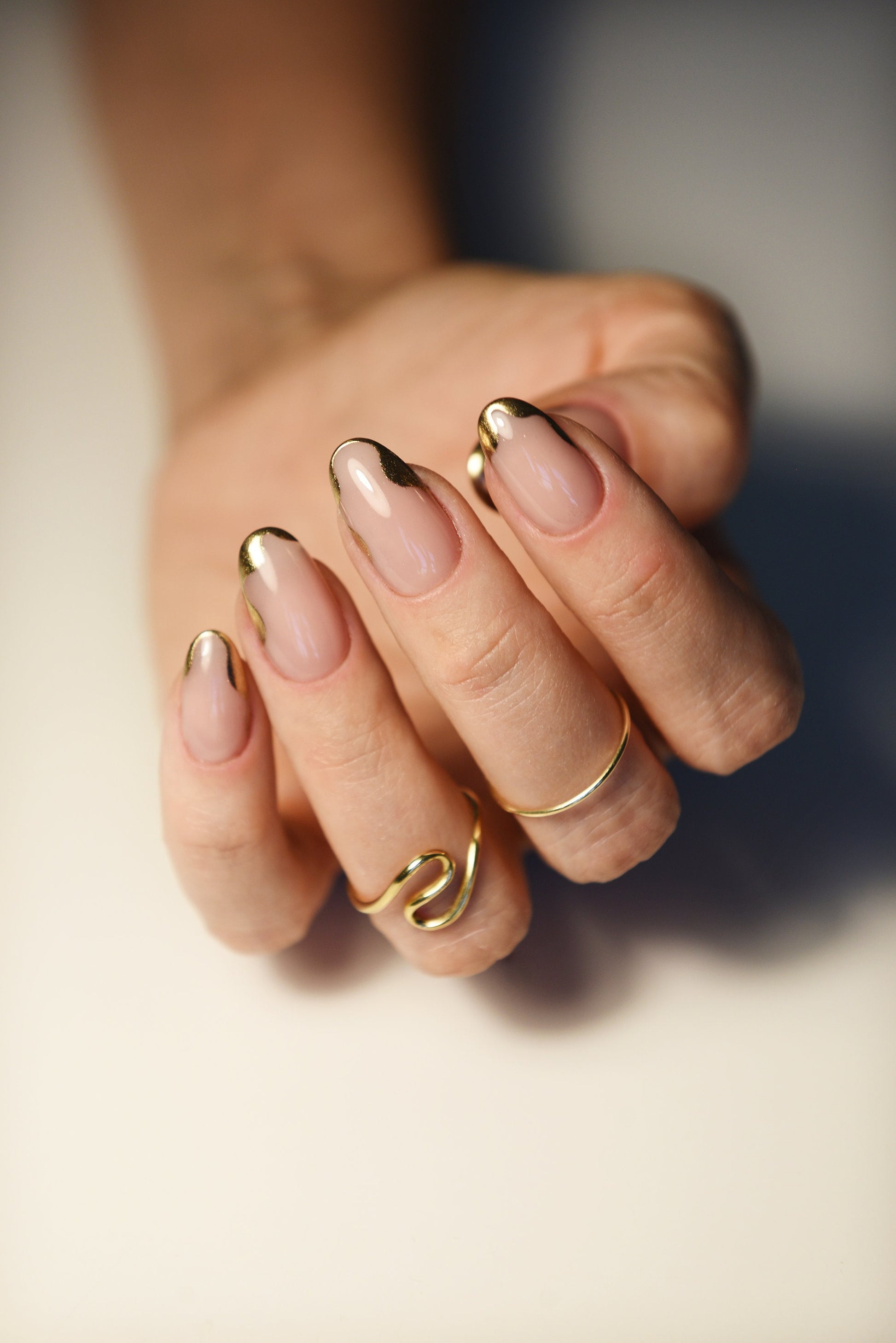 Natural Acryl Like Press On Nails: Handmade Set of 10 with Unique Gold Waves - Ideal for Stylish Looks & Special Occasions – Luxury Handmade Reusable Press On Nails