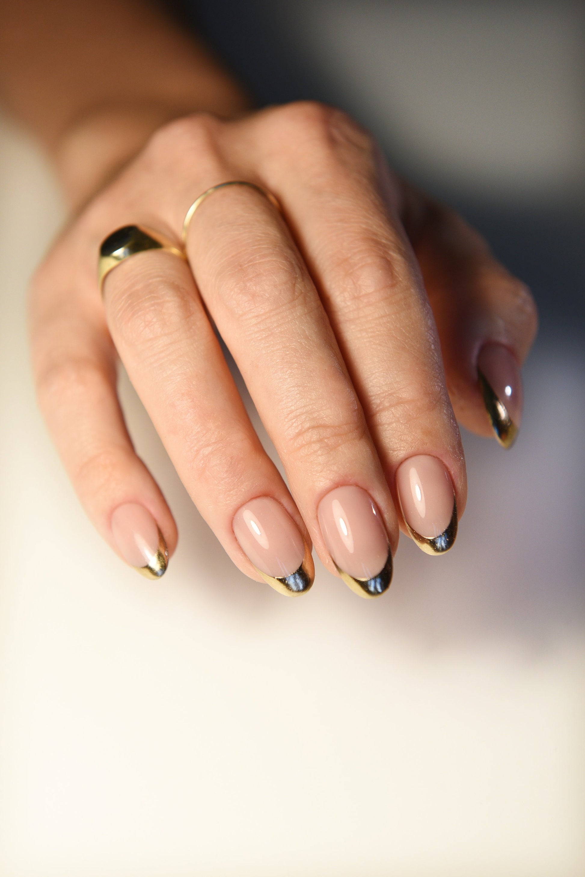 10pc Salon-Quality Gel Hardened Press-On Nails, Natural Look with Chic Golden French Tips – Upgrade Your Home Manicure Today!