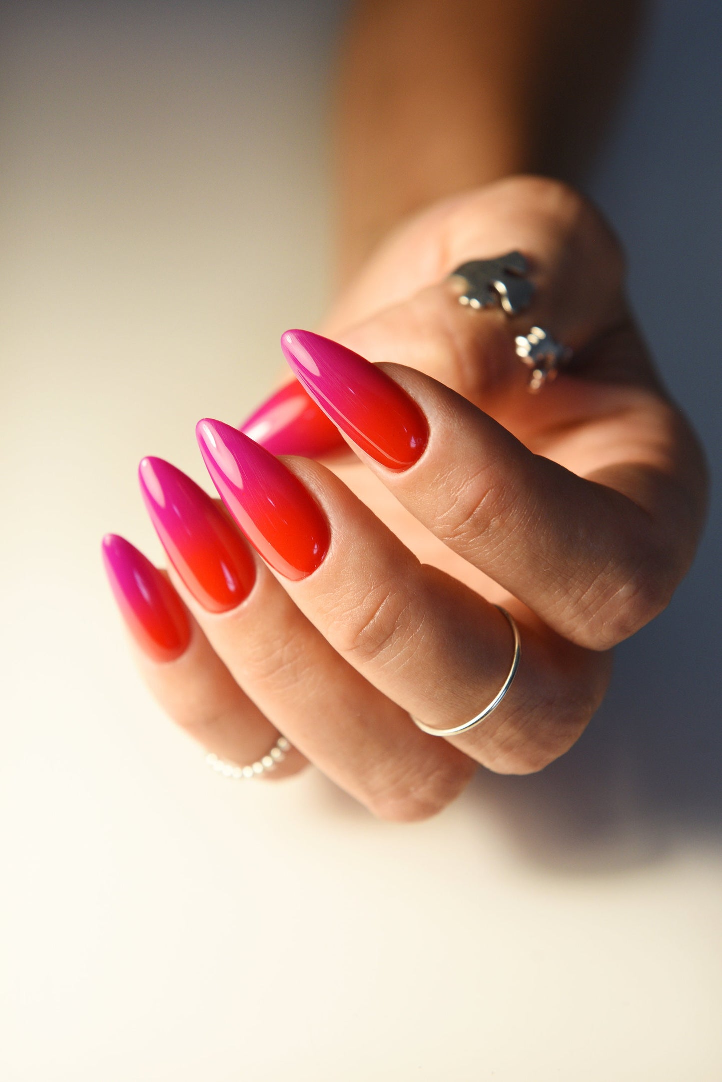 Summer Ombre Press-On Nails | Fuchsia & Hot Red Handmade Nail Set | Reusable, Custom Shape & Length | Beach Party Holidays | Luxury Press On Nails