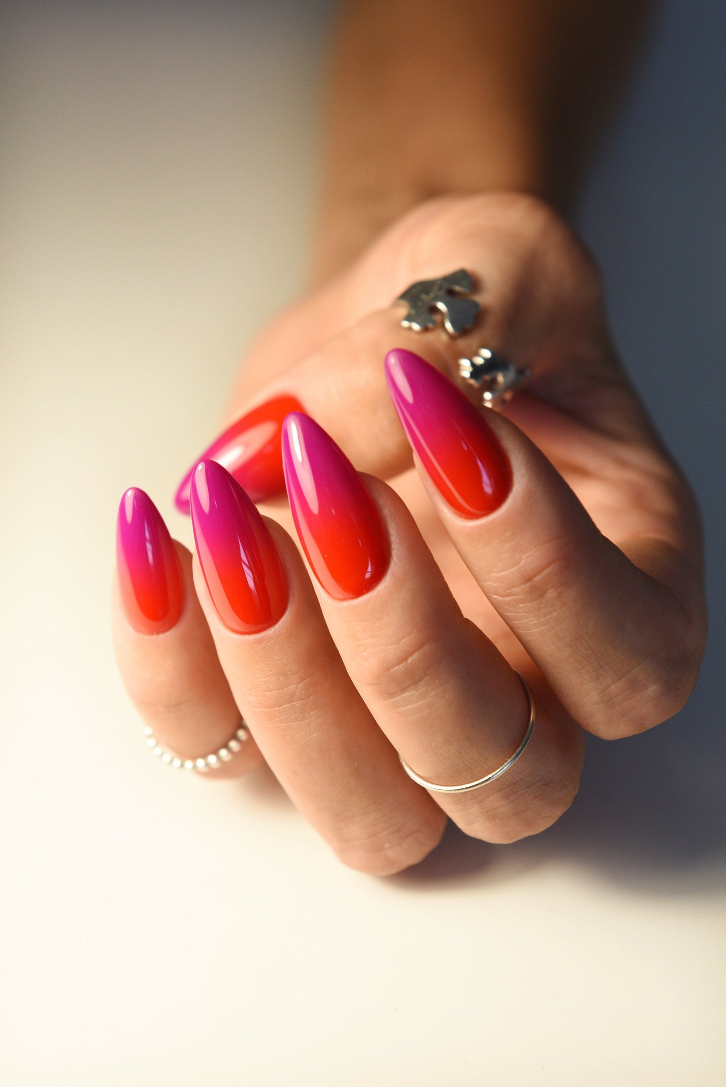 Summer Ombre Press-On Nails | Fuchsia & Hot Red Handmade Nail Set | Reusable, Custom Shape & Length | Beach Party Holidays | Luxury Press On Nails