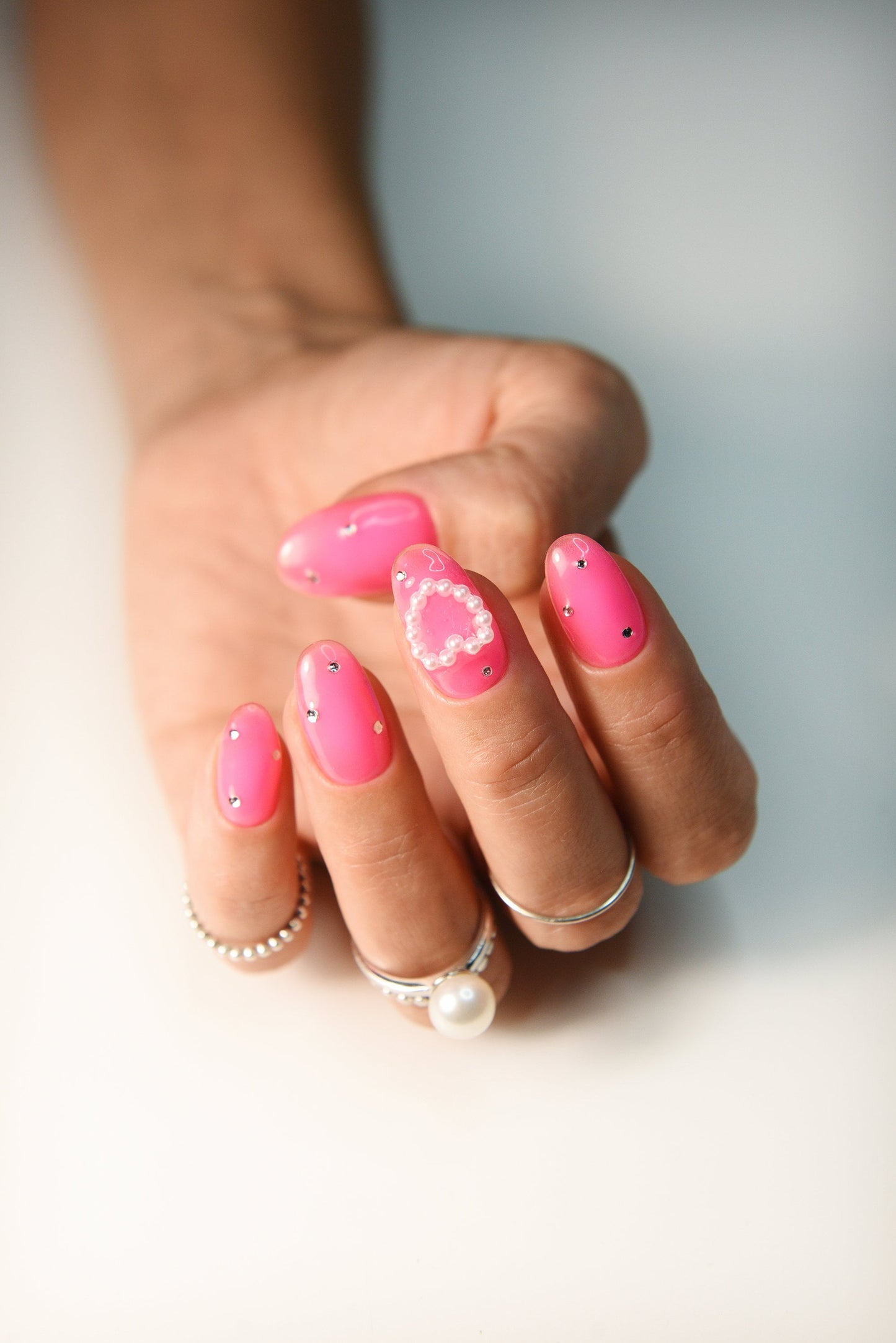 Pink Transparent Neon Ombre Press-On Nails – Rhinestones & Pearl Heart | Handmade Reusable Luxury Set | Cute Girly Gift for Her