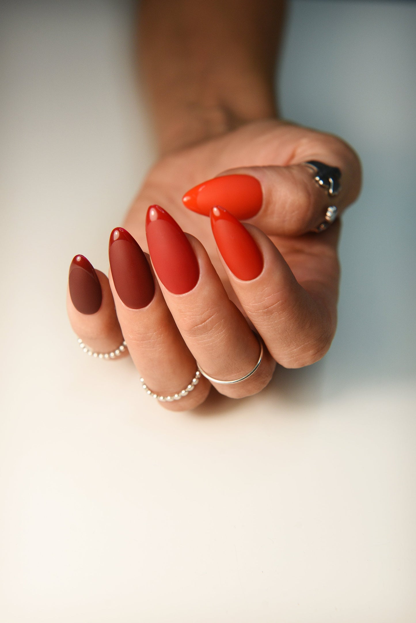 Brown, Red & Orange Matte Press-On Nails with Glossy French Tips – Handmade Reusable Luxury Set | Cozy Autumn Fake Nails with Glue-On Fit