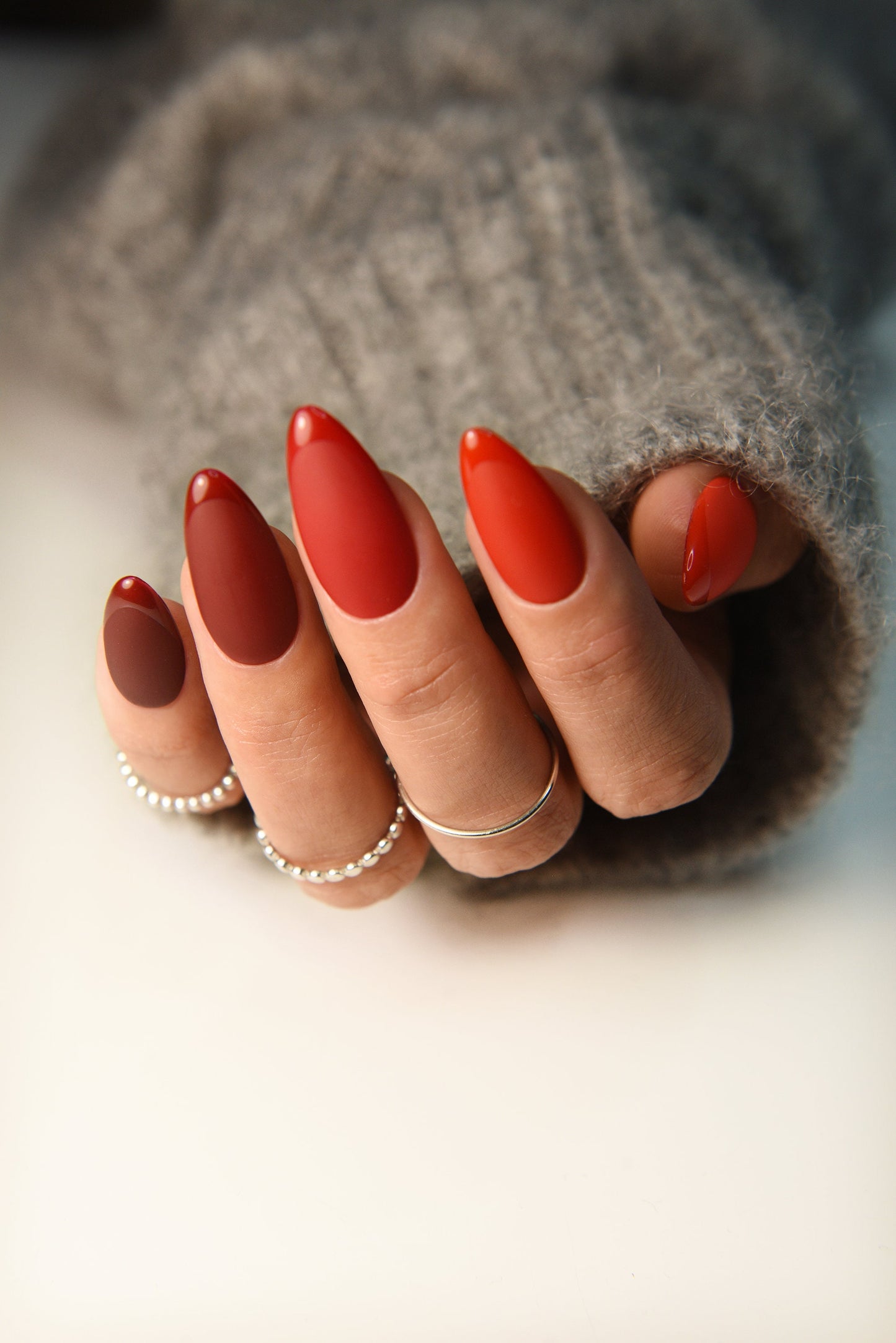 Brown, Red & Orange Matte Press-On Nails with Glossy French Tips – Handmade Reusable Luxury Set | Cozy Autumn Fake Nails with Glue-On Fit