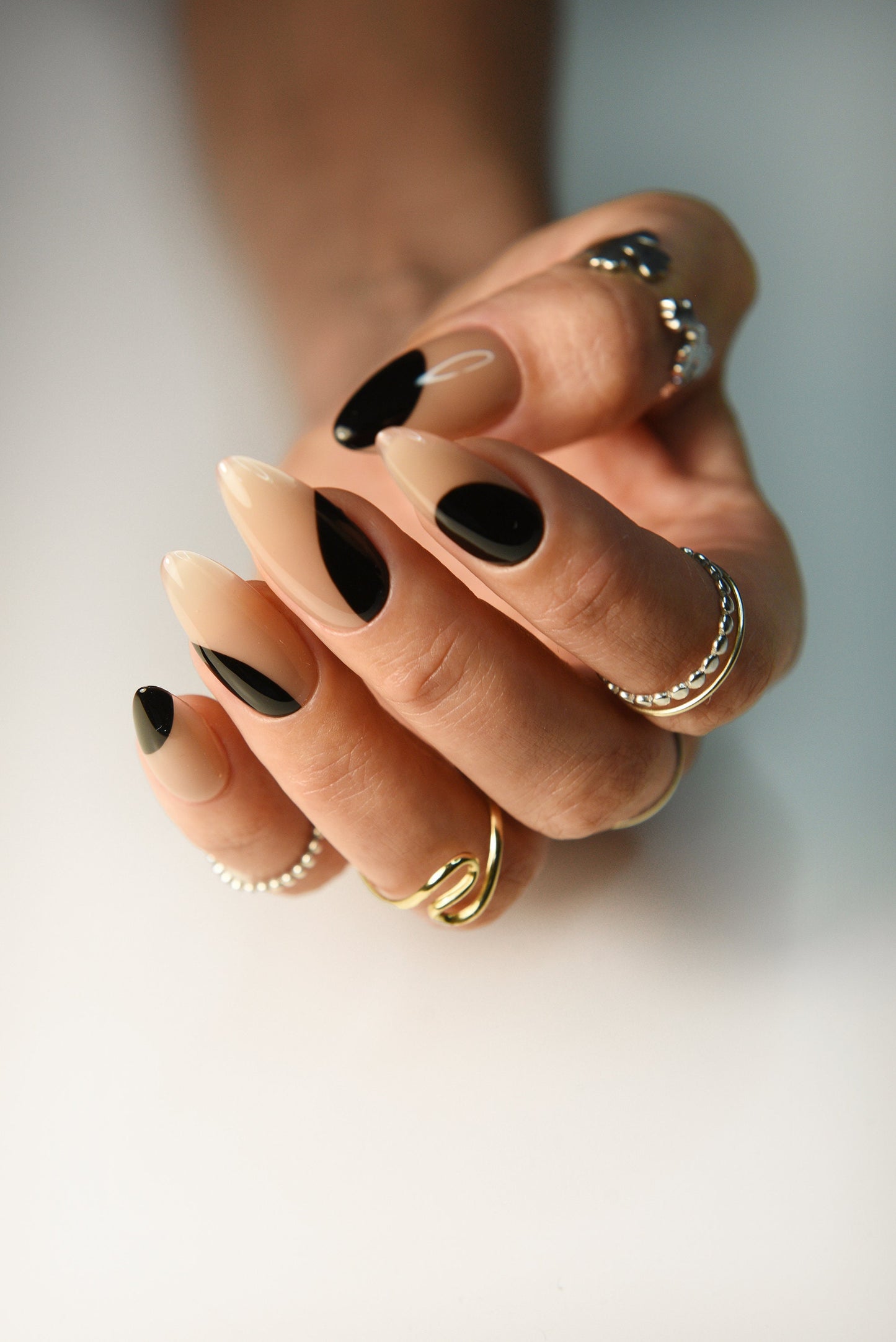 Clean Girl Press-On Nails – Beige & Black Geometric Spots | Reusable Handmade Set for Office, School, Fall Holiday | Long, Medium, Short – Luxury Press Ons