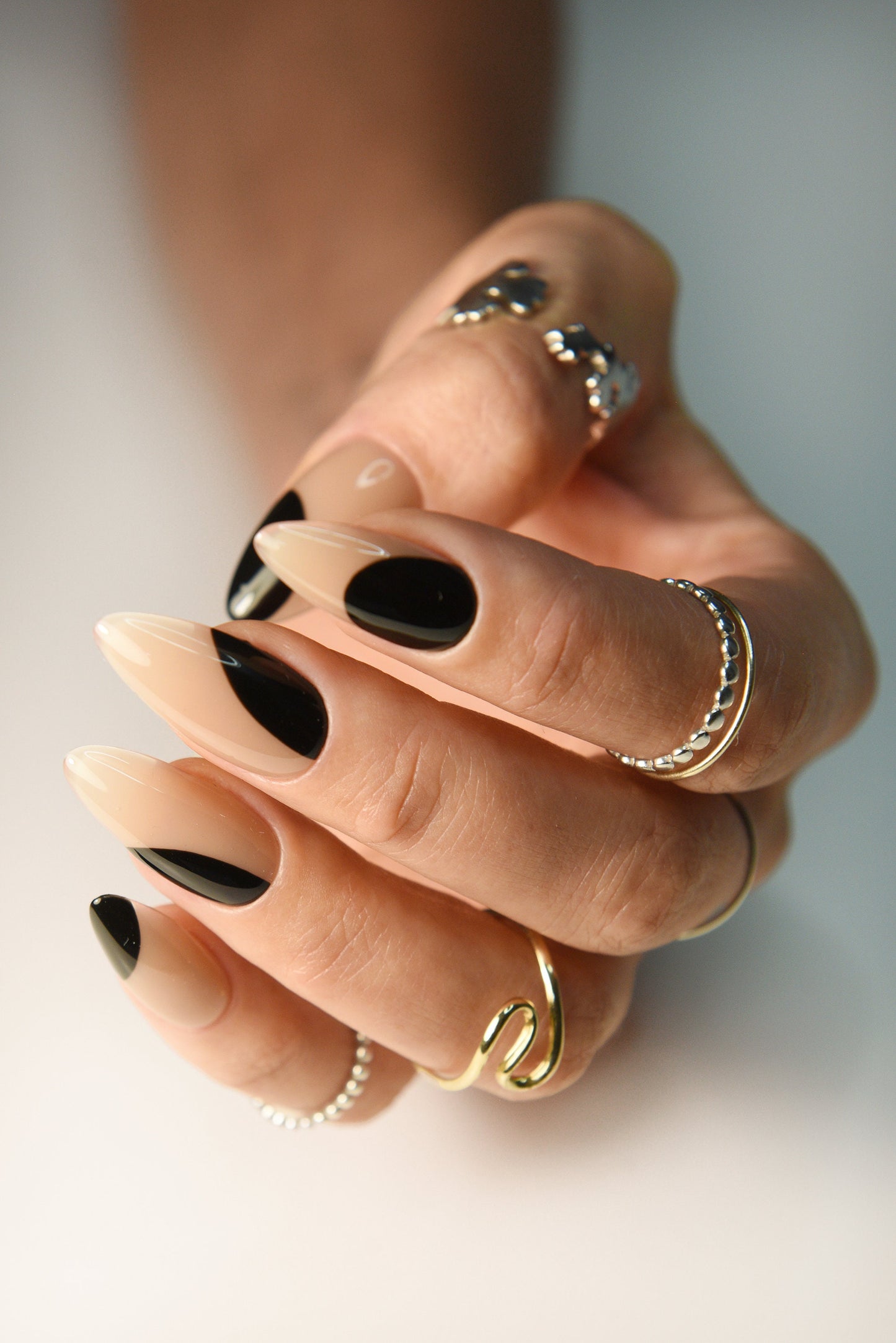 Clean Girl Press-On Nails – Beige & Black Geometric Spots | Reusable Handmade Set for Office, School, Fall Holiday | Long, Medium, Short – Luxury Press Ons