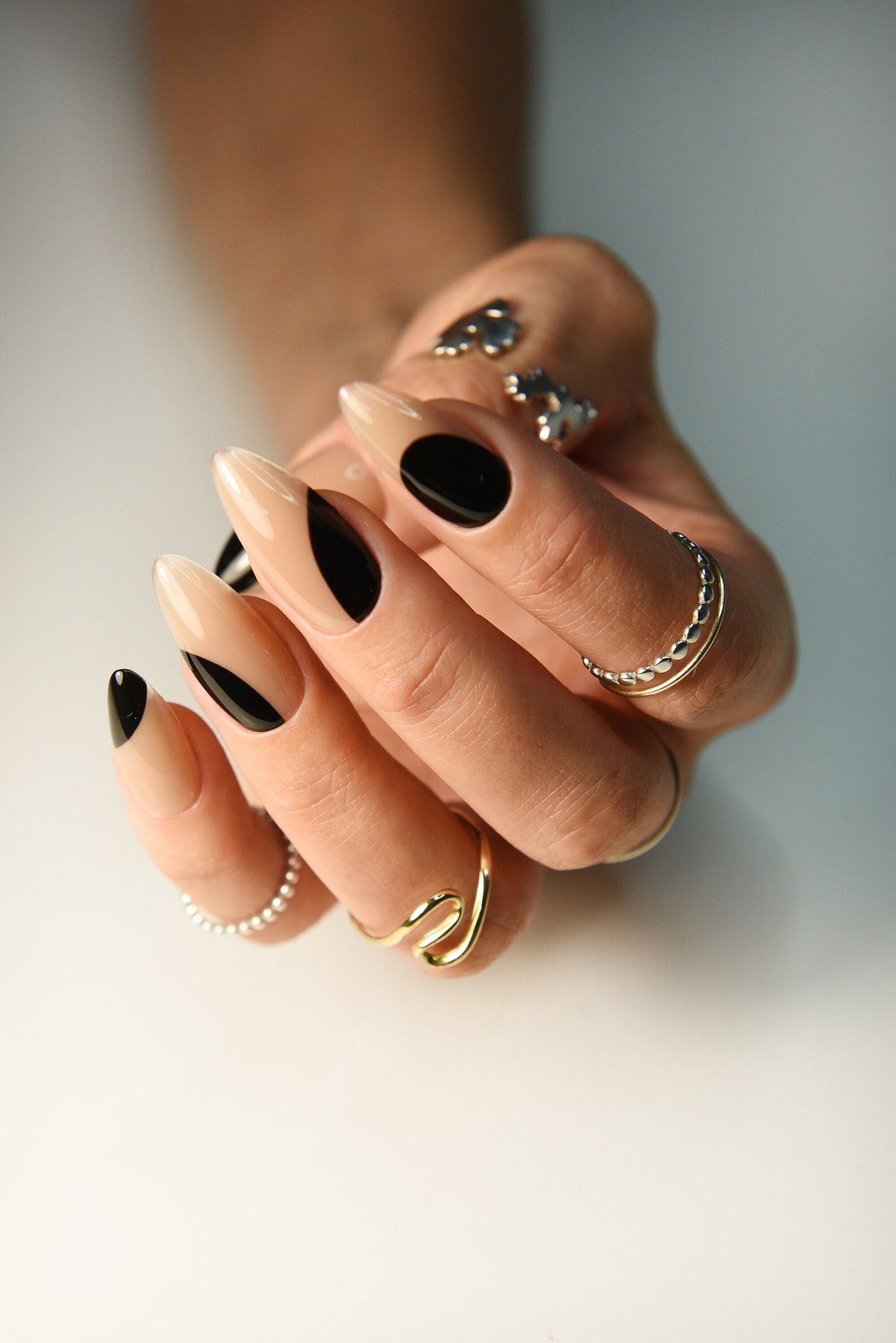 CLEAN GIRL STYLE reusable press on nails beige and black geometrical spots in long, medium, short, back to office, school autumn holiday – Luxury Handmade Reusable Press On Nails