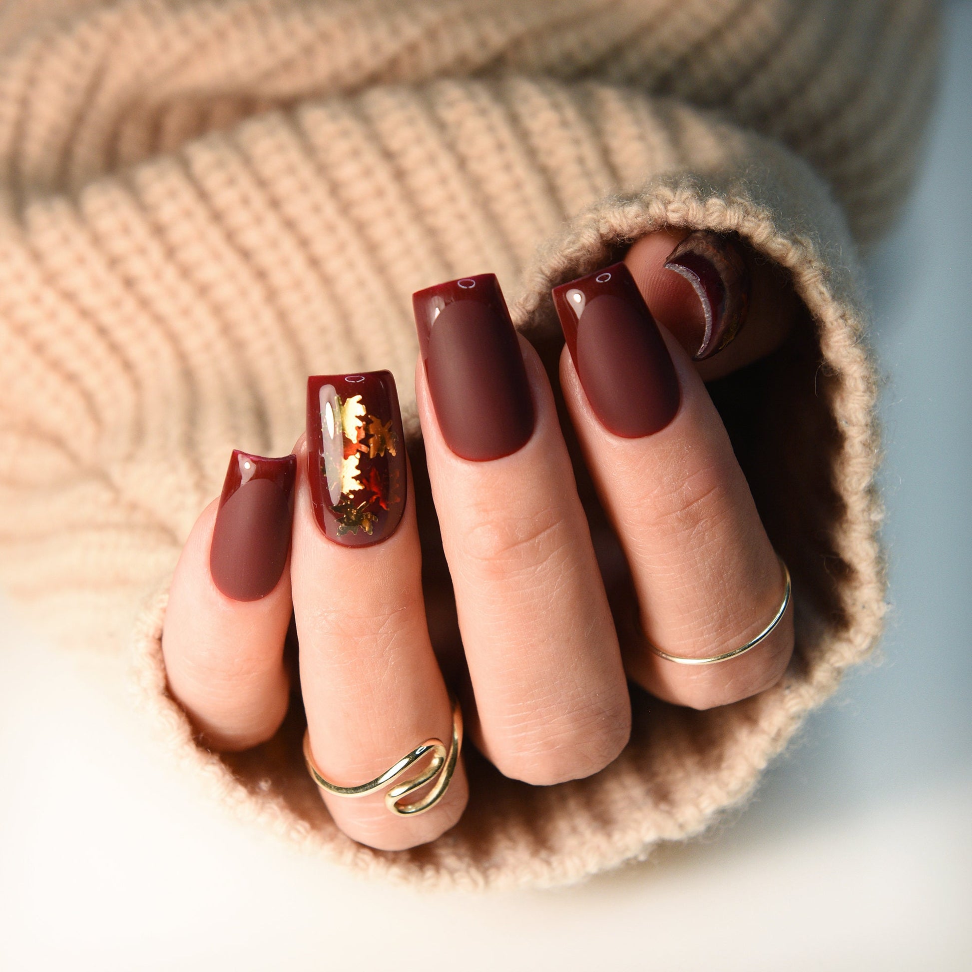 Autumn Fall Leaves - deep brown set of press on nails, glossy french, brown glue on fake nails, acrylic like reusable, long, medium, short