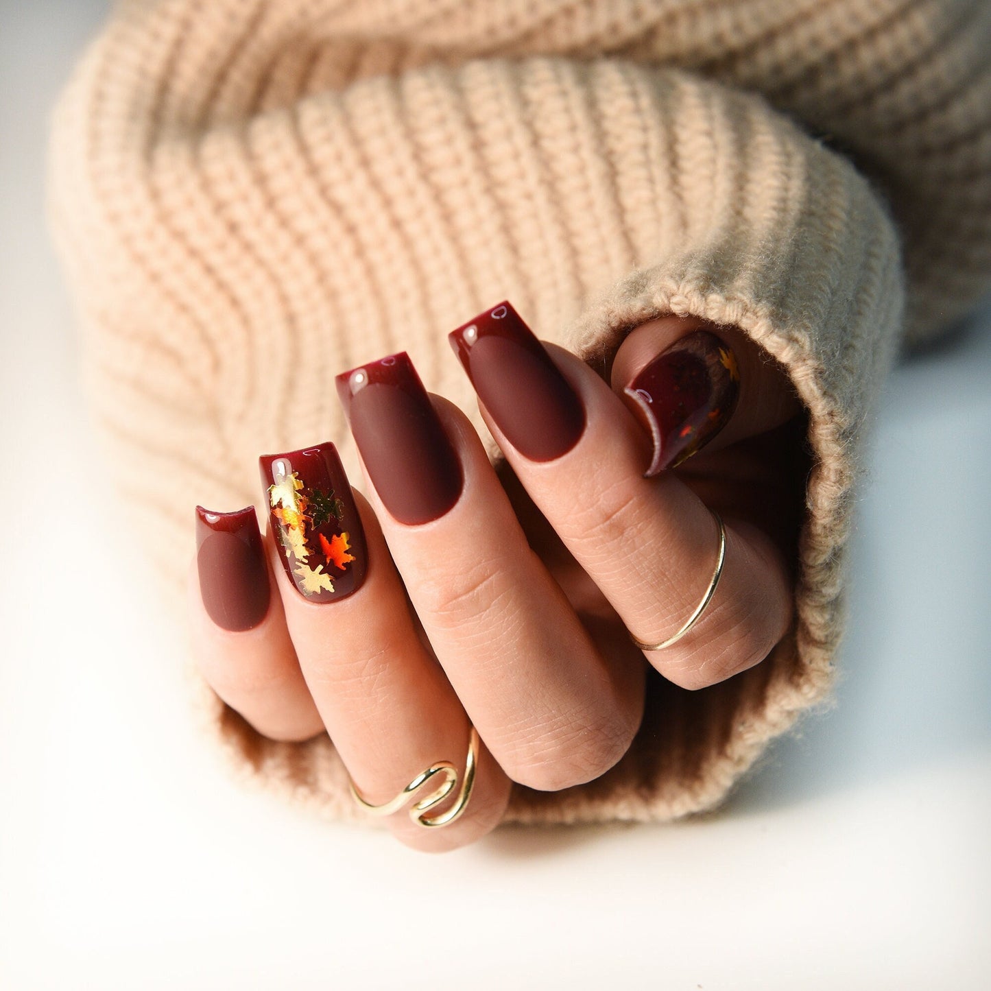 Autumn Fall Leaves - deep brown set of press on nails, glossy french, brown glue on fake nails, acrylic like reusable, long, medium, short