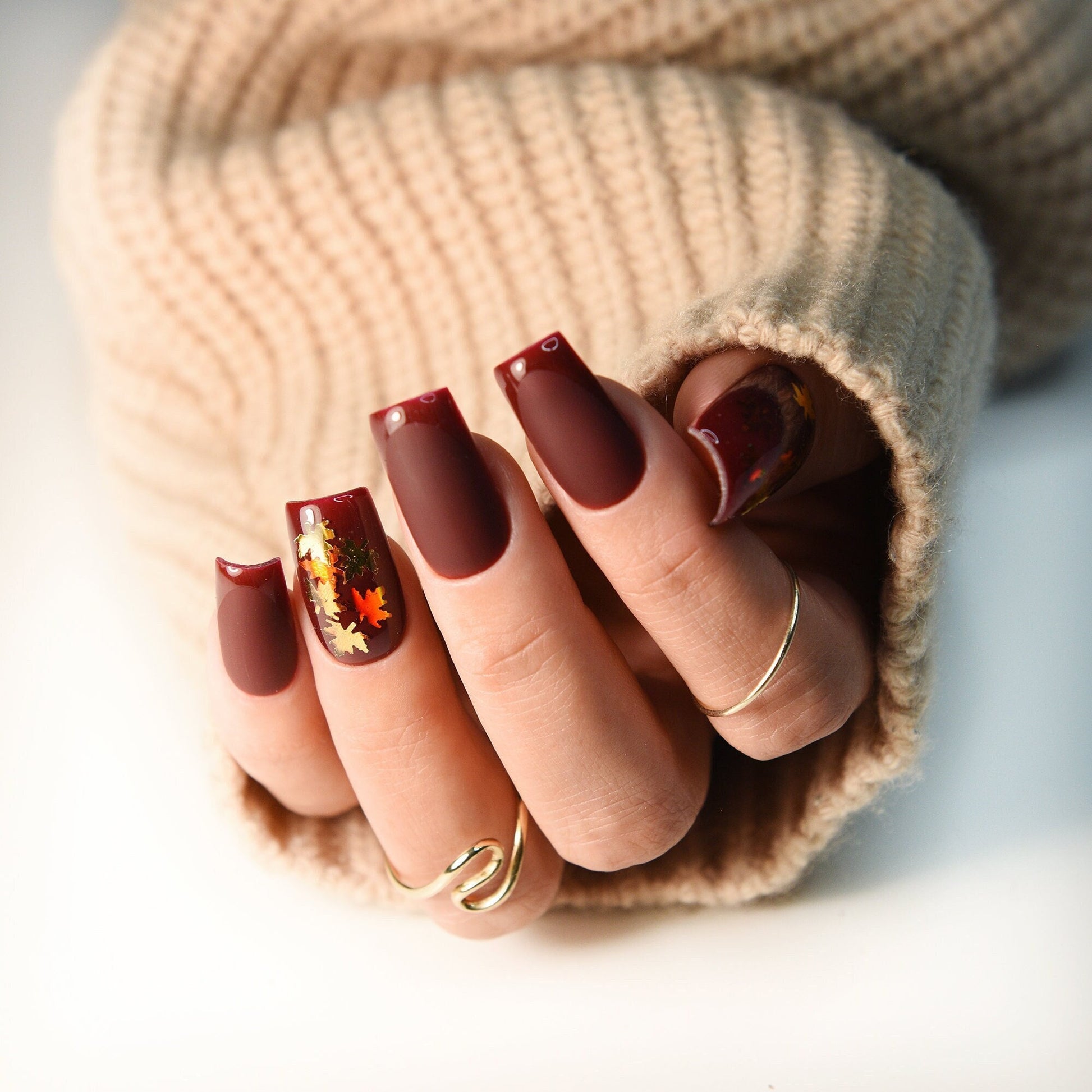 Autumn Fall Leaves - deep brown set of press on nails, glossy french, brown glue on fake nails, acrylic like reusable, long, medium, short