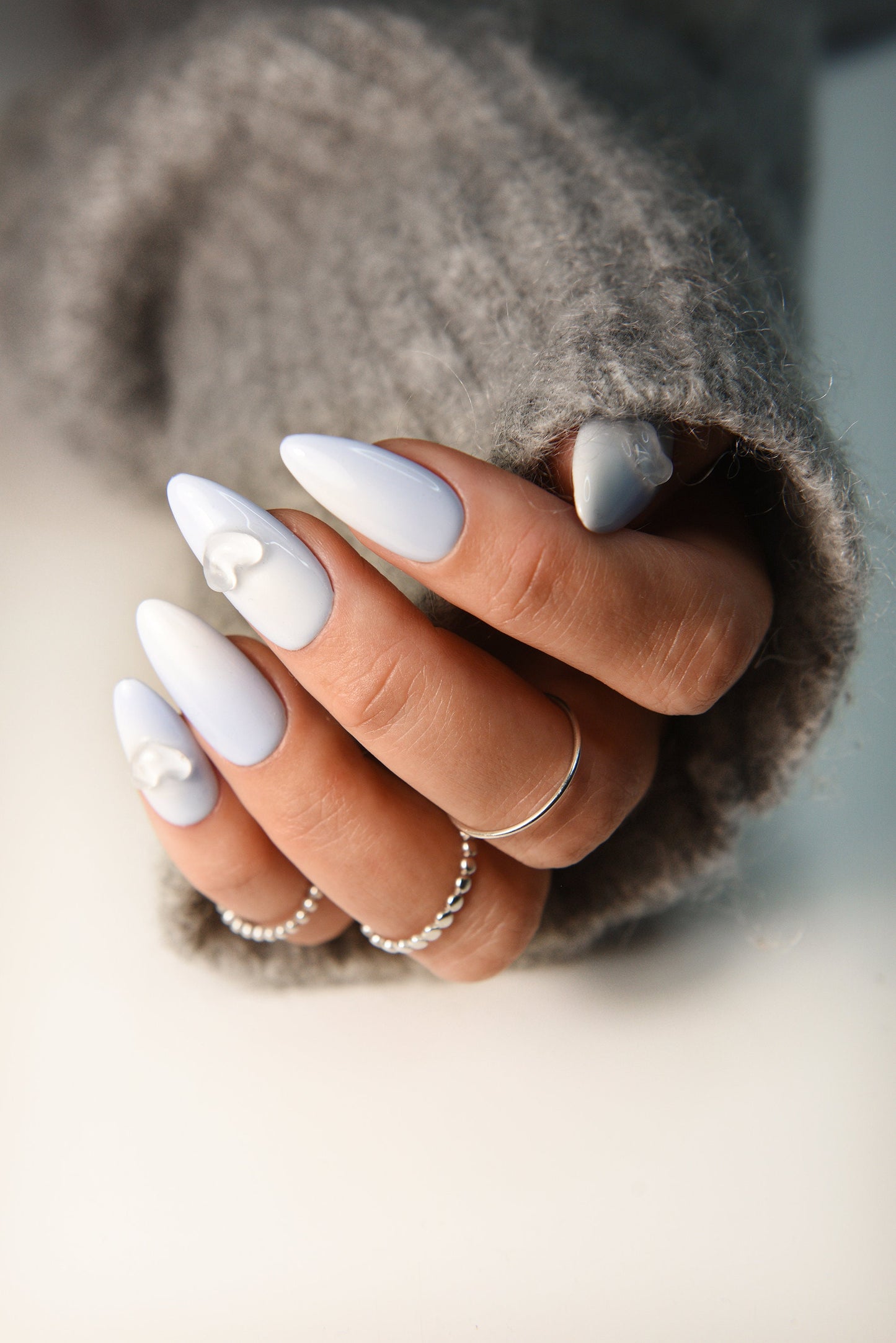 3D Hearts Blue Nails with Ombre White - press on nails for her, pastel glue on nails, blueberry milk cute fake nails, almond press ons, long