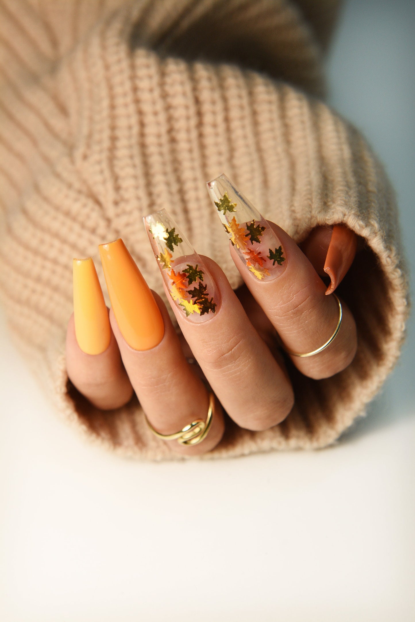 Pumpkin Ombre Press-On Nails – Fall Long Coffin Handmade Set