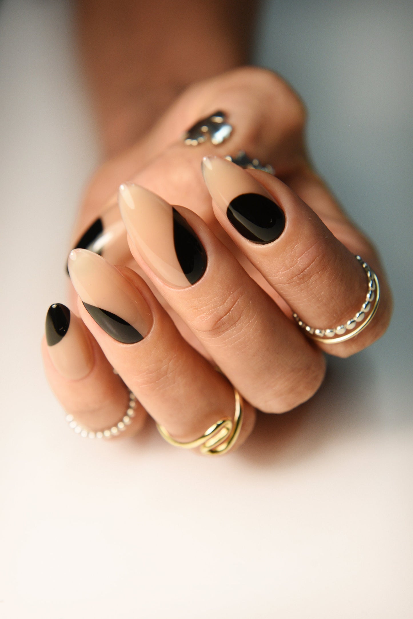 Clean Girl Press-On Nails – Beige & Black Geometric Spots | Reusable Handmade Set for Office, School, Fall Holiday | Long, Medium, Short – Luxury Press Ons