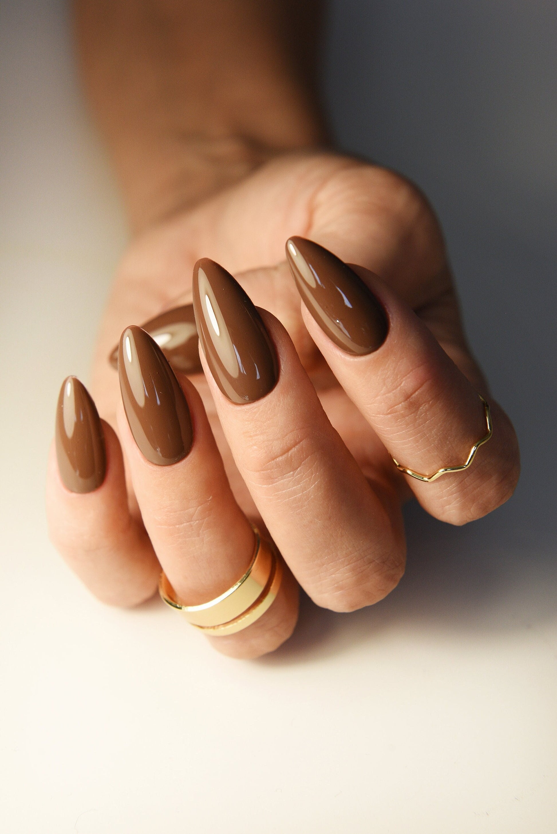 HOT CHOCOLATE - press on nails for autumn fall, warm brown acrylic like cute fake nails for women, stiletto, almond, square, coffin, glue on – Luxury Handmade Reusable Press On Nails