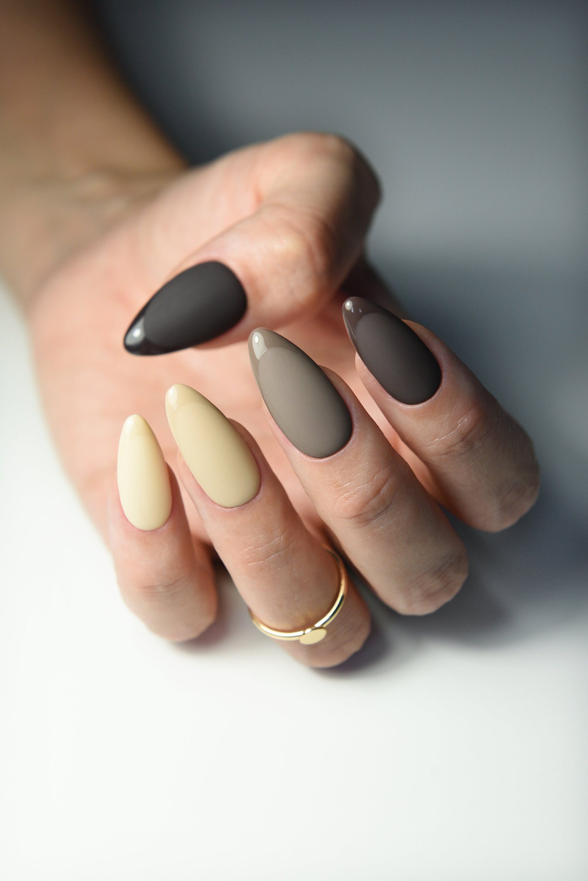 Nude Chocolate & Vanilla Matte Press On Nails with glossy french tips, ombre, almond, stiletto, coffin, square for Autumn Winter, reusable – Luxury Handmade Reusable Press On Nails