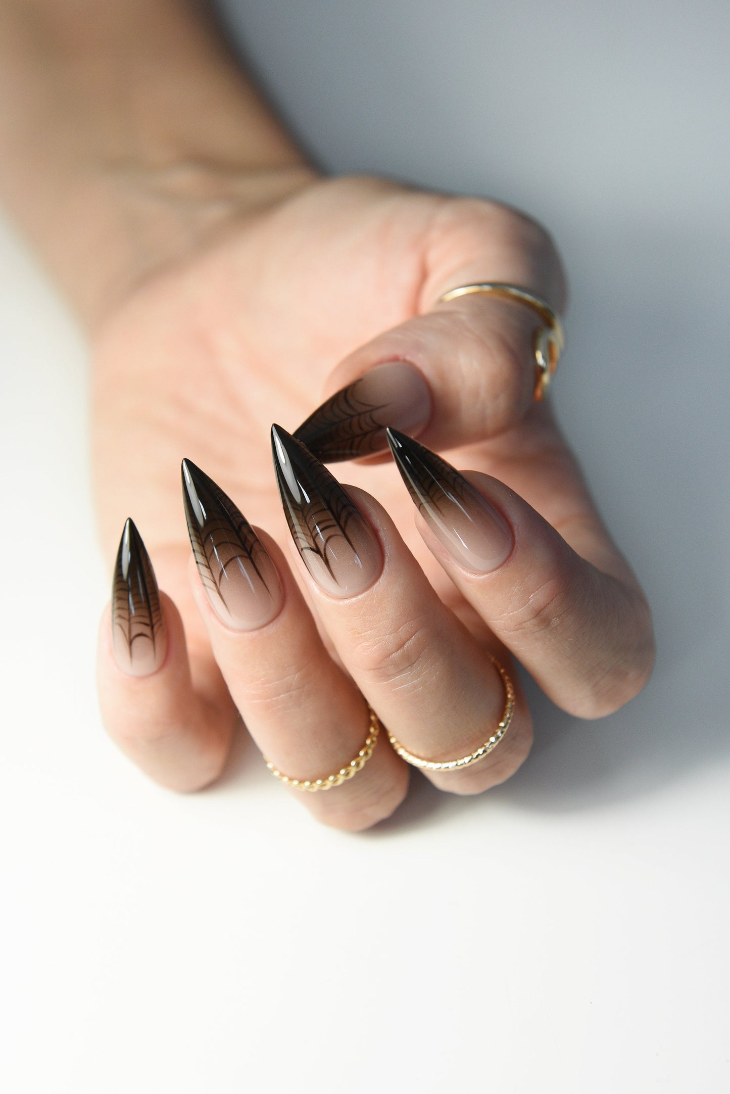 Halloween Spiderweb Press-On Nails – Nude Ombre Stiletto, Spooky Handmade & Reusable