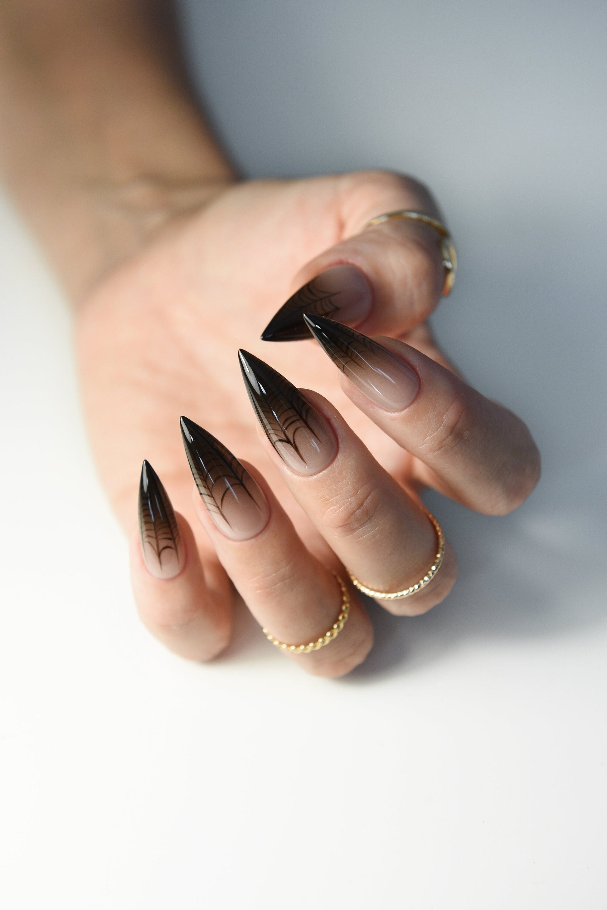 HALLOWEEN SPIDERWEB OMBRE hard gel press on nails, fake nails for autumn, acrylic salon quality set of 10 nails, spooky nude horror stiletto – Luxury Handmade Reusable Press On Nails