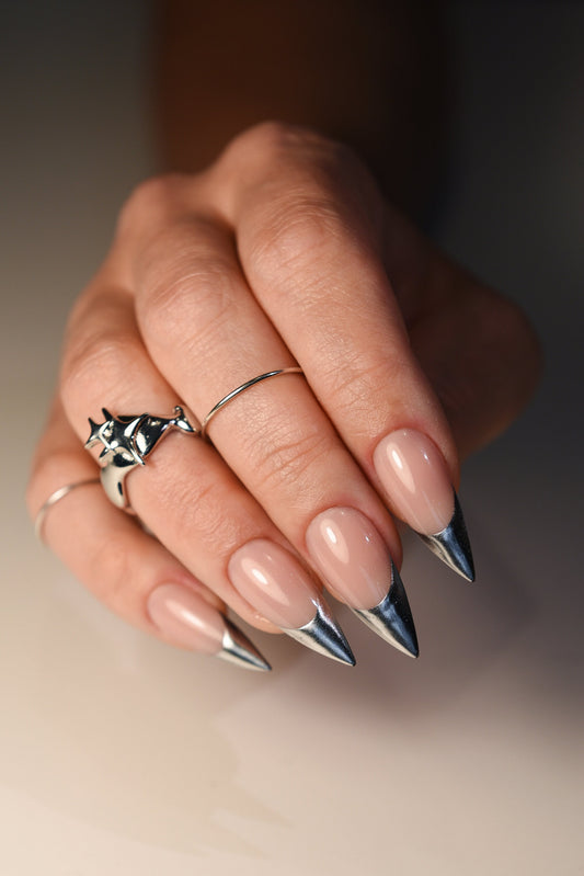 Silver Chrome French Tip Press On Nails - Y2K-Inspired Custom Acrylic Nail Sets, Luxury Stiletto, Coffin, Almond Long Short Fake Nails Set – Luxury Handmade Reusable Press On Nails