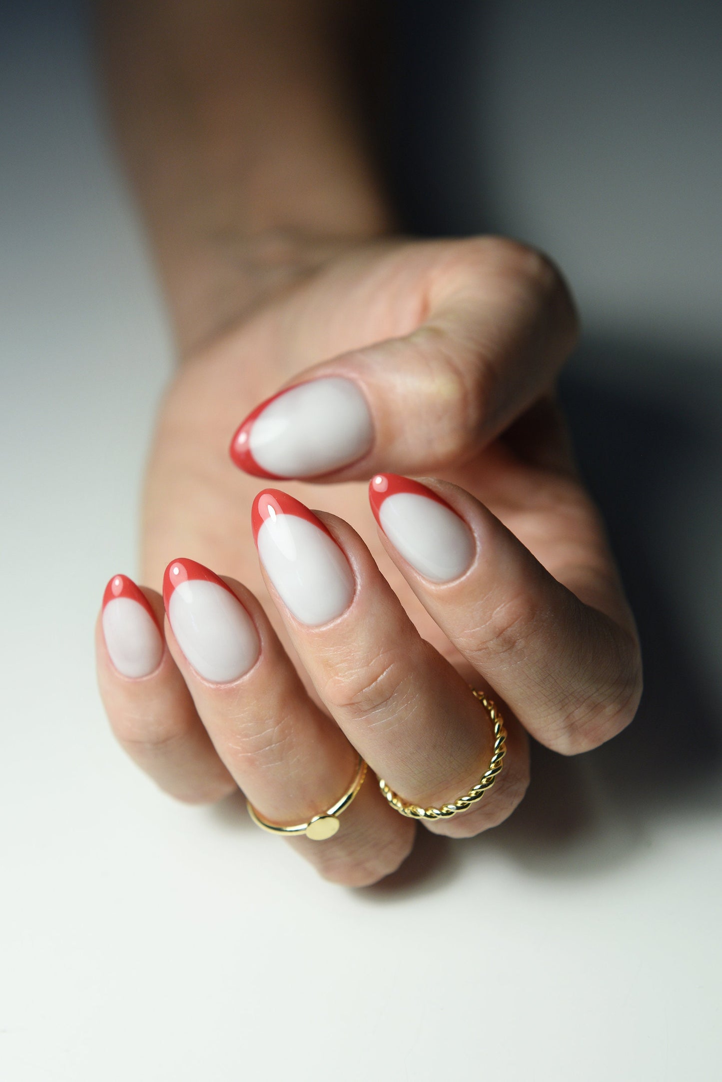 White & Red French Press-On Nails – Romantic Handmade Nail Set