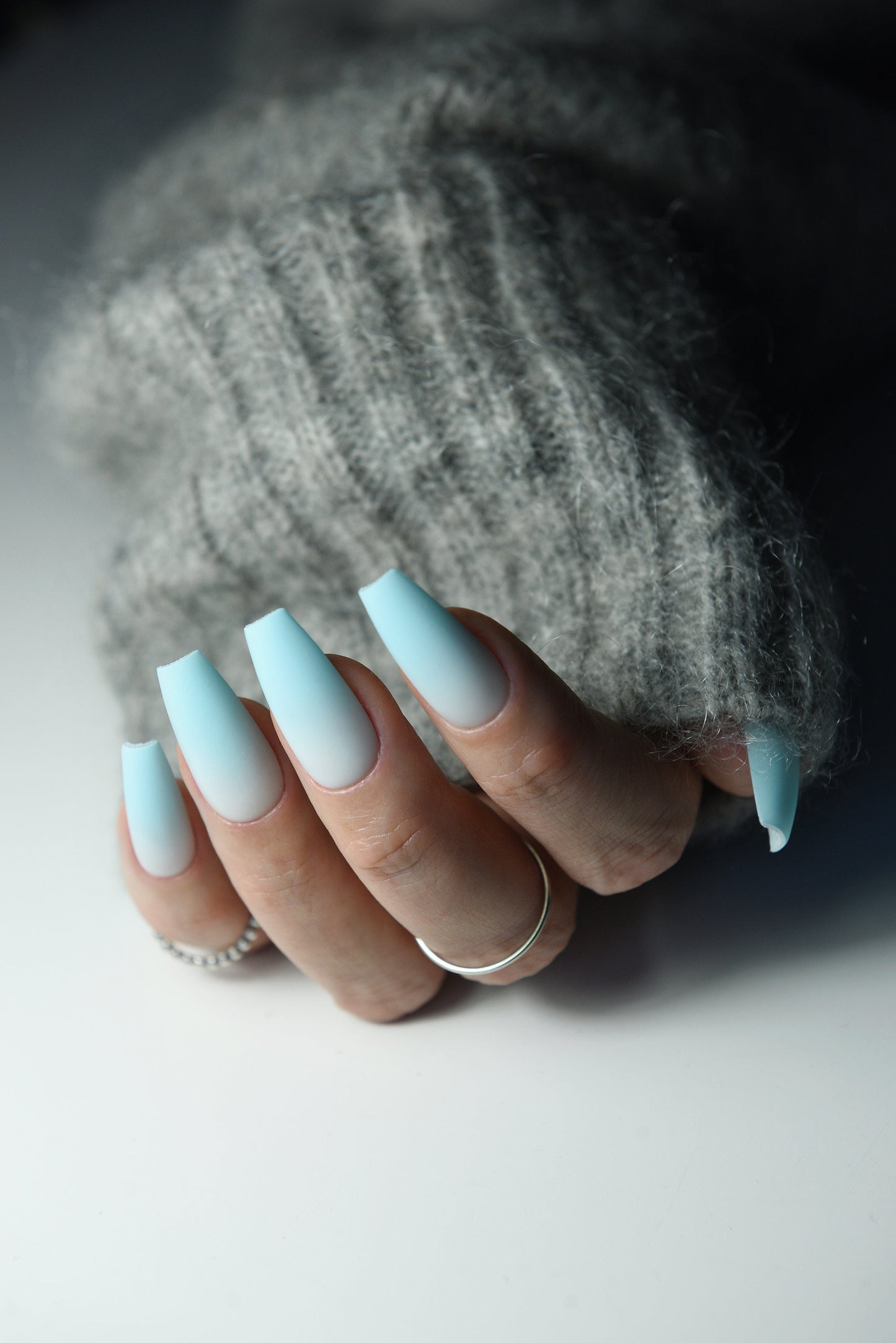 Blue Ombre winter snowy strong as salon acrylic manicure set of 10 gel press on nails with gradient. Reusable natural looking glue on long